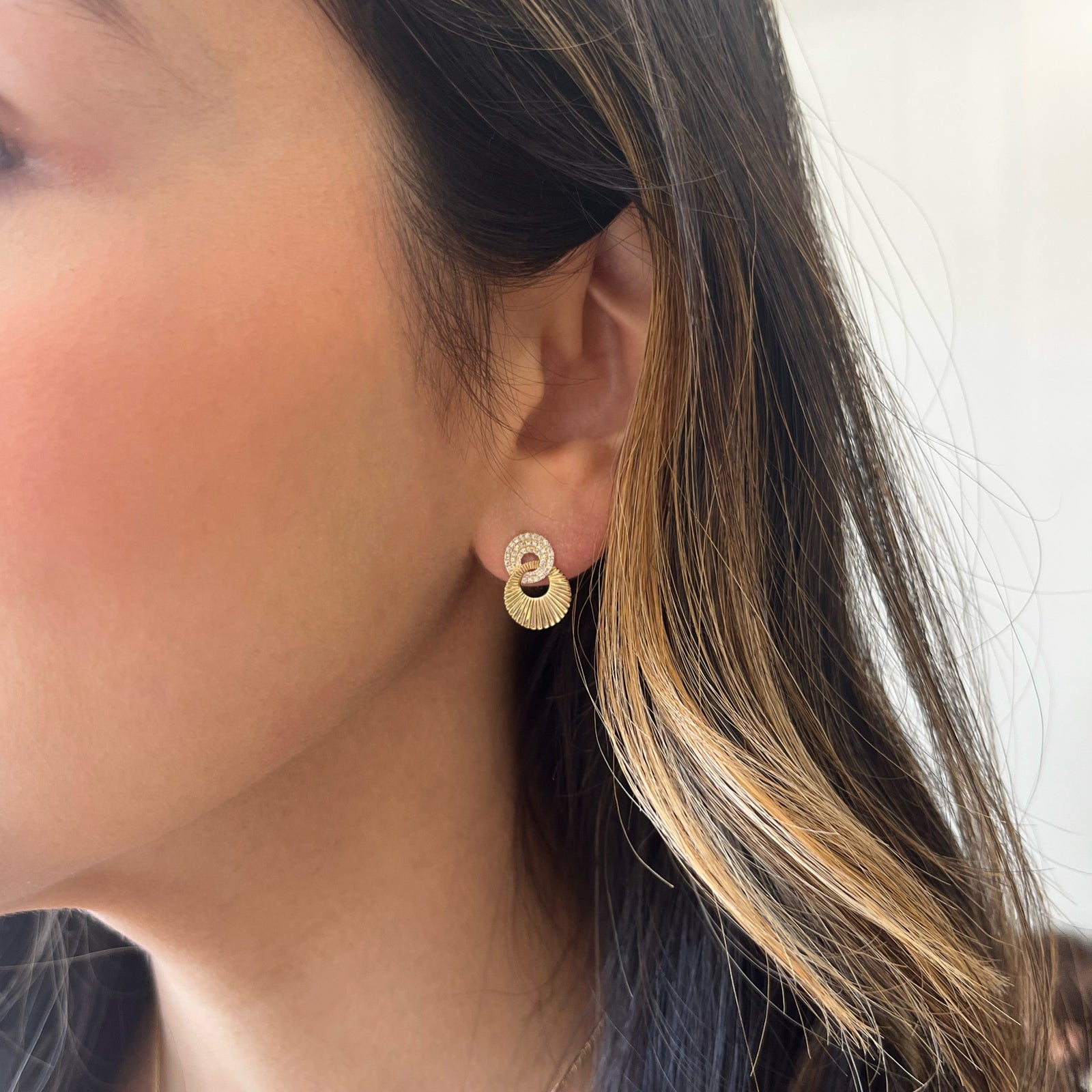 Diamond & Ridged Gold Interlocking Discs Earrings - 14K gold weighing 2.29 grams  - 82 round diamonds weighing 0.22 carats