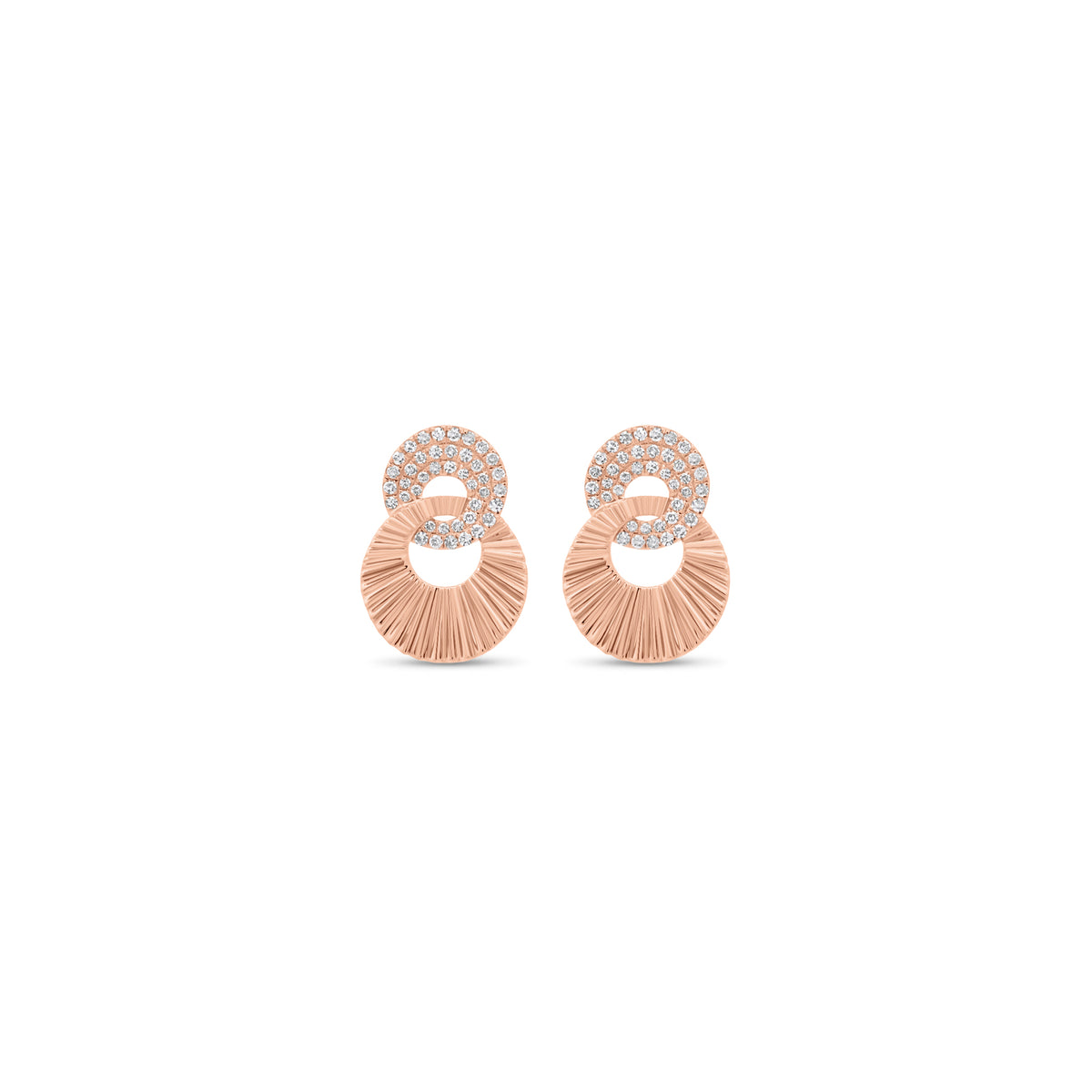 Diamond & Ridged Gold Interlocking Discs Earrings - 14K gold weighing 2.29 grams - 82 round diamonds weighing 0.22 carats