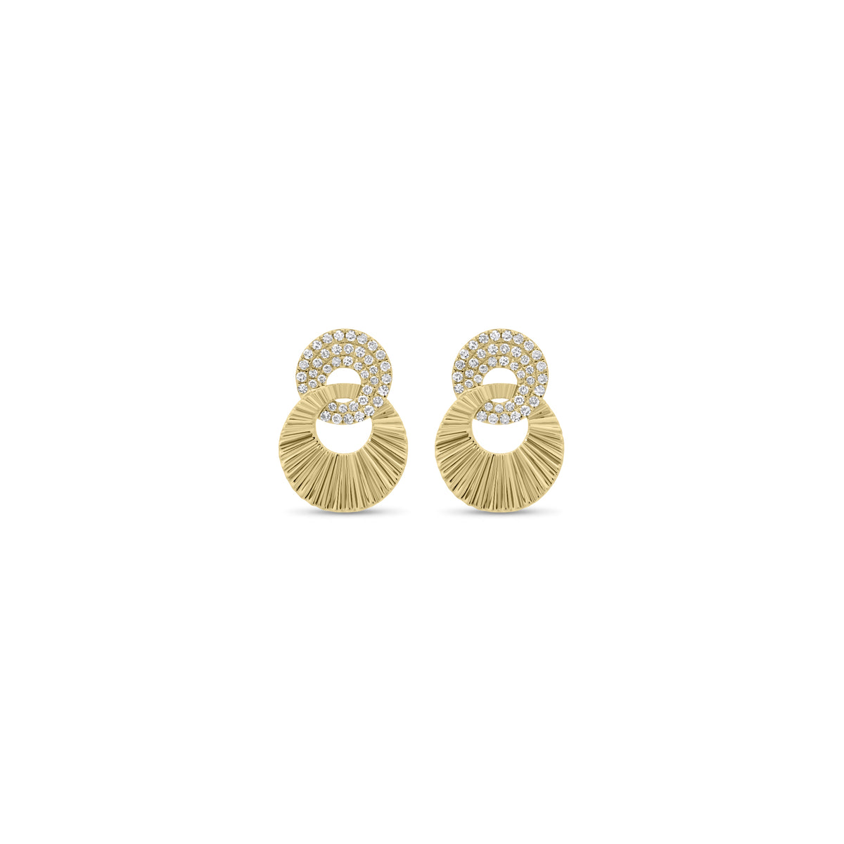 Diamond & Ridged Gold Interlocking Discs Earrings - 14K gold weighing 2.29 grams  - 82 round diamonds weighing 0.22 carats