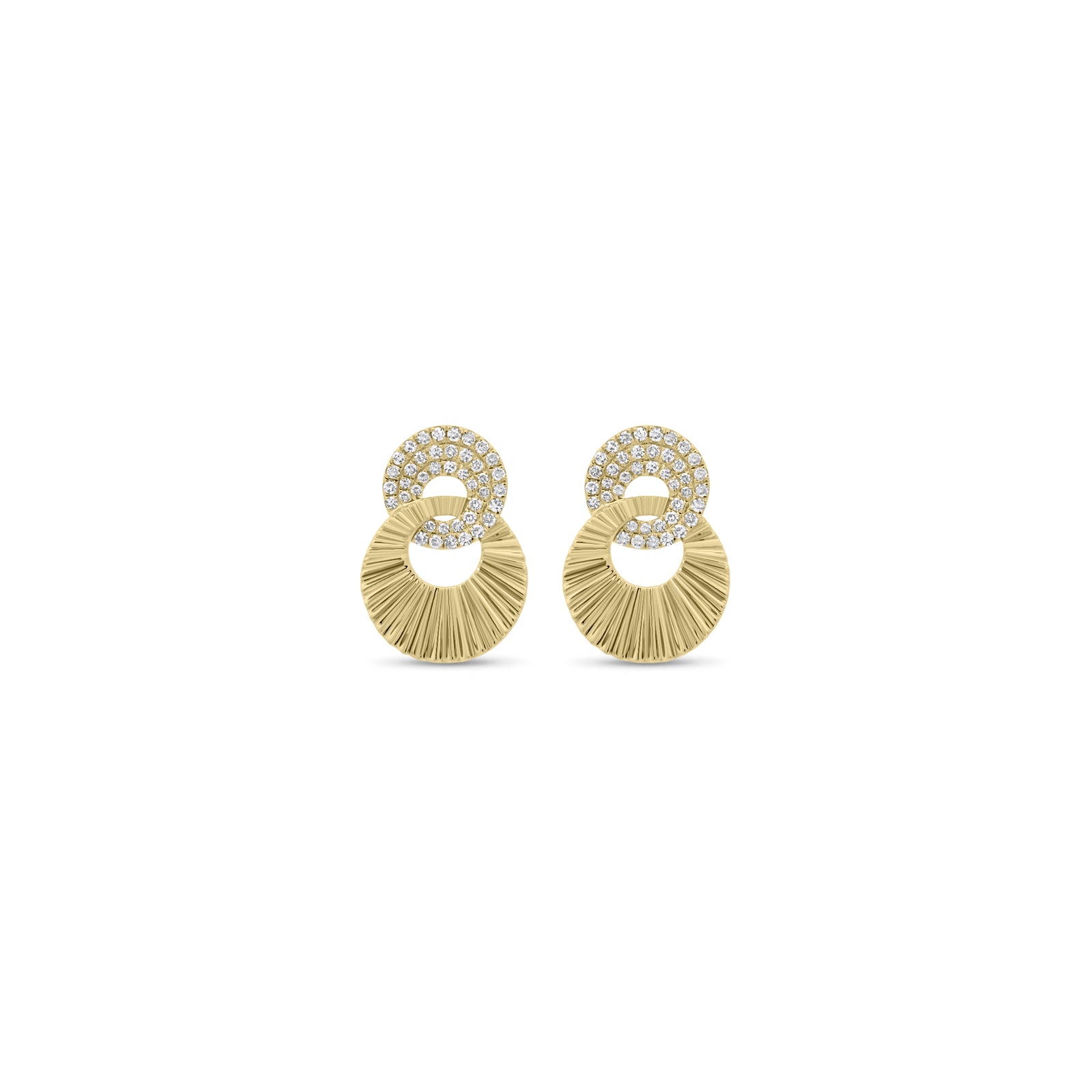 Diamond & Ridged Gold Interlocking Discs Earrings - 14K gold weighing 2.29 grams  - 82 round diamonds weighing 0.22 carats