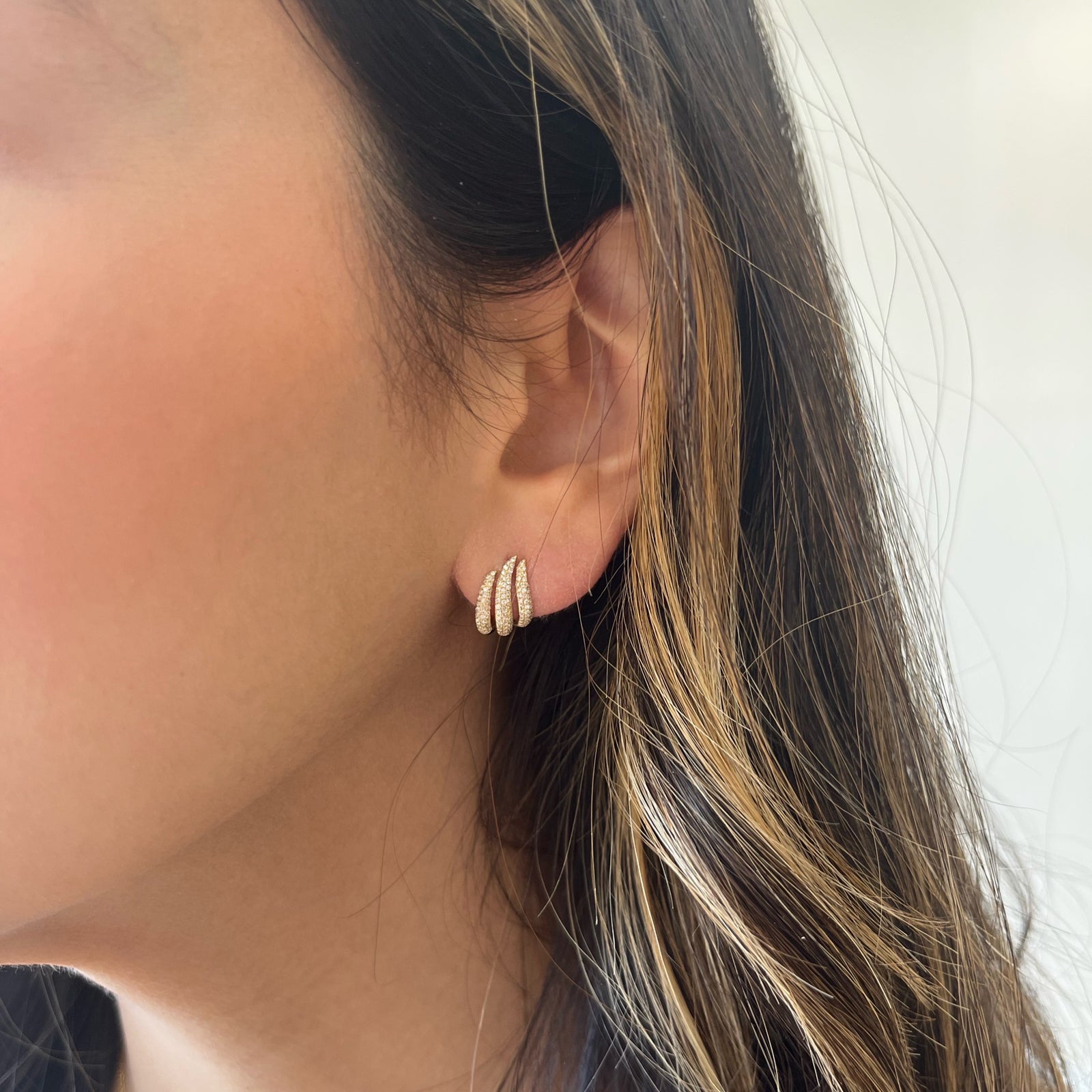 Pave Diamond Triple Row Claw Earrings - 14K gold weighing 2.36 grams  - 224 round diamonds weighing 0.42 carats