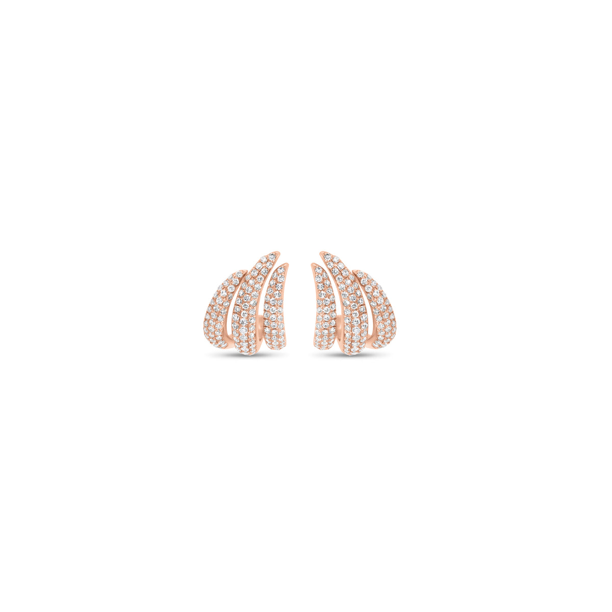 Pave Diamond Triple Row Claw Earrings - 14K gold weighing 2.36 grams - 224 round diamonds weighing 0.42 carats