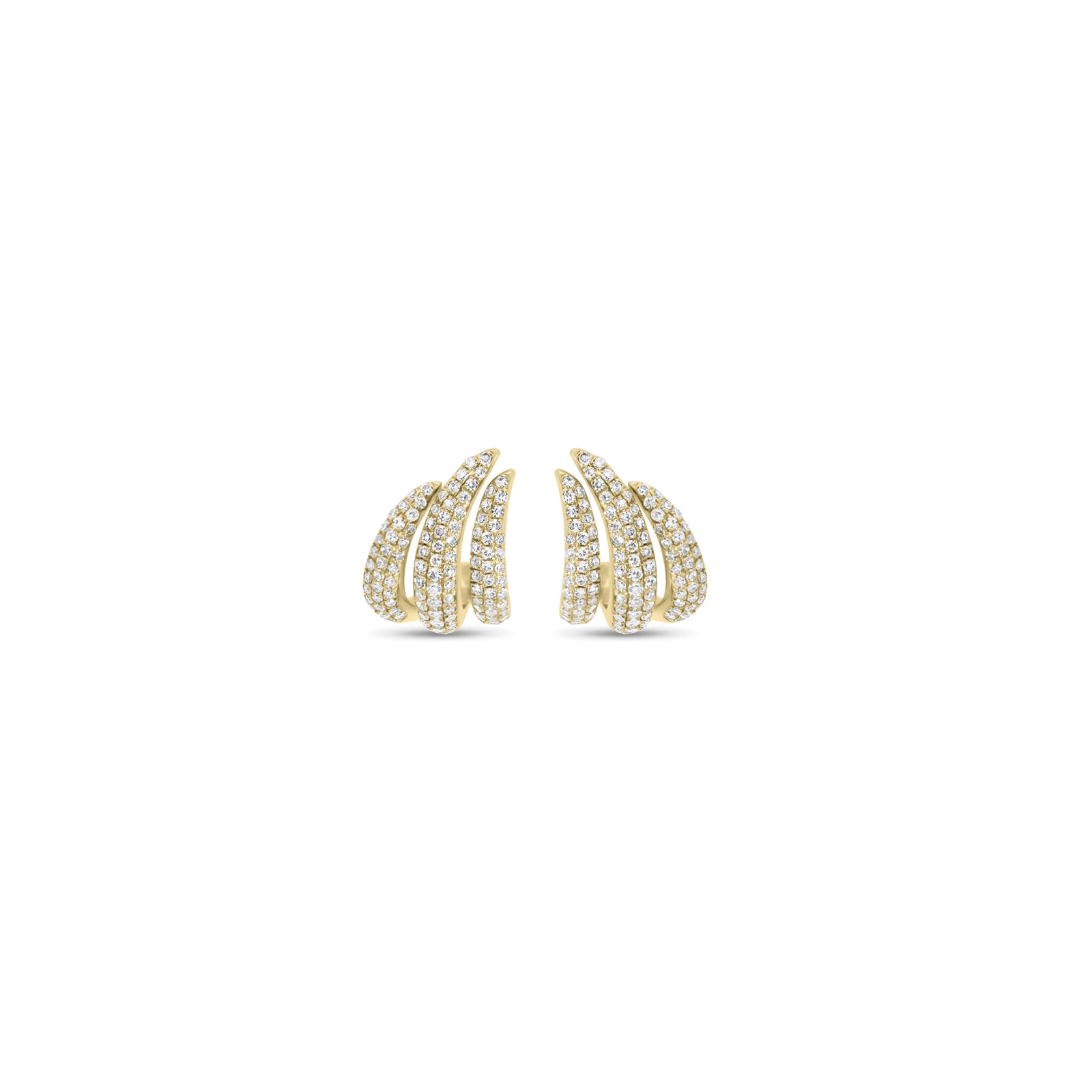 Pave Diamond Triple Row Claw Earrings - 14K gold weighing 2.36 grams  - 224 round diamonds weighing 0.42 carats
