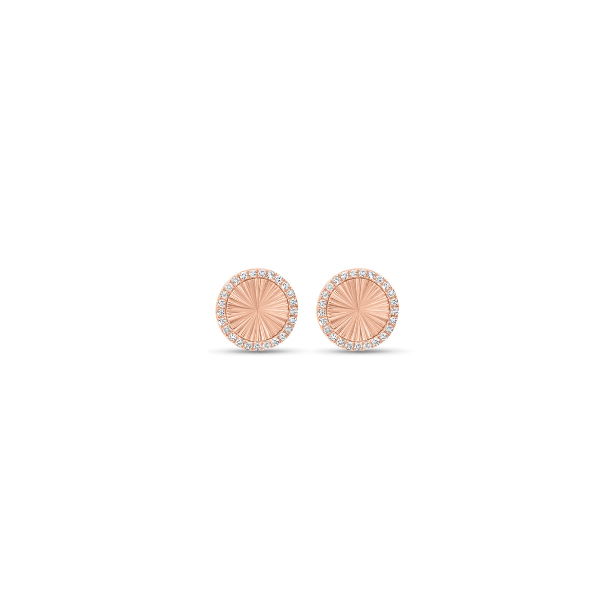 Diamond & Ridged Gold Button Stud Earrings - 14K gold weighing 1.86 grams - 50 round diamonds weighing 0.13 carats