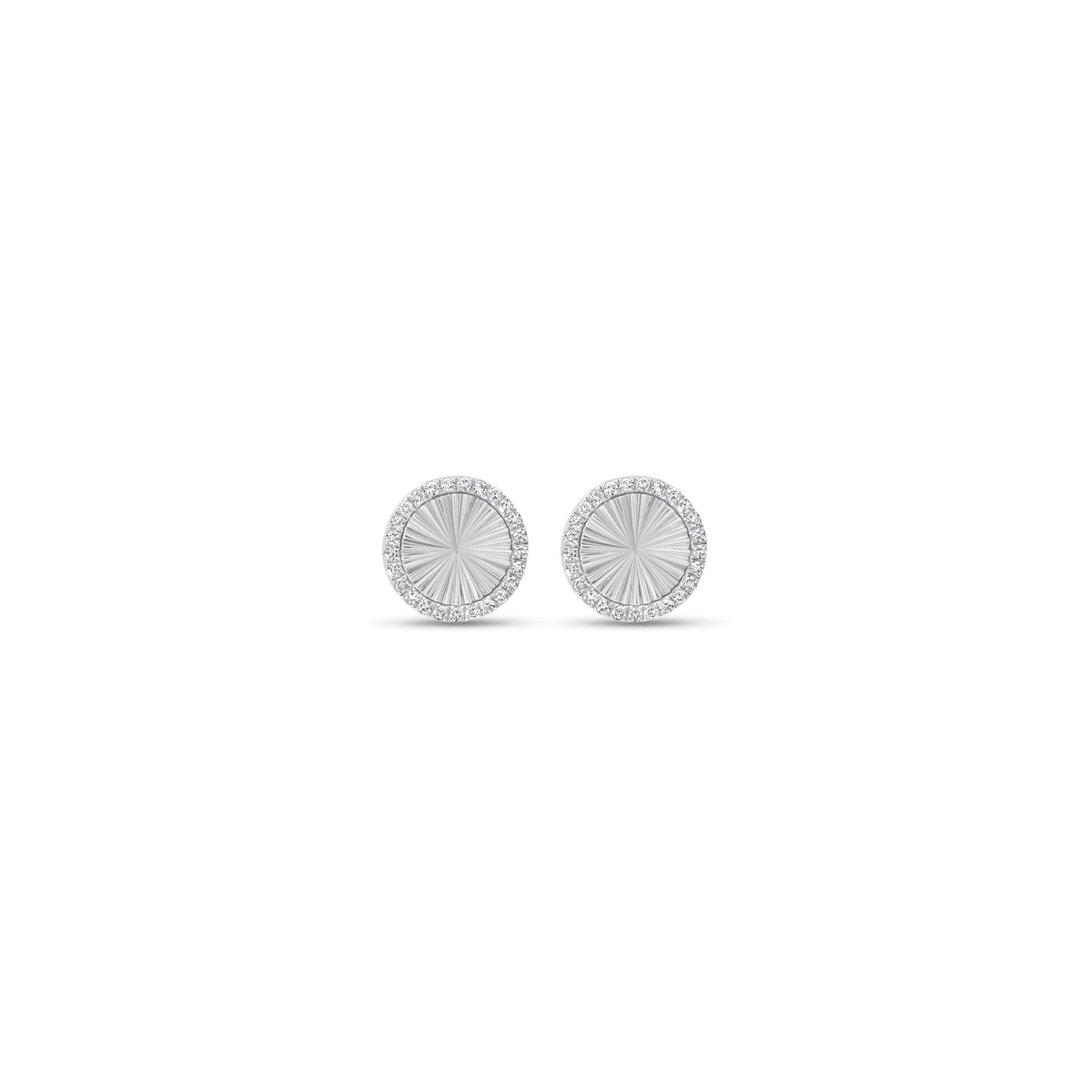 Diamond & Ridged Gold Button Stud Earrings - 14K gold weighing 1.86 grams - 50 round diamonds weighing 0.13 carats