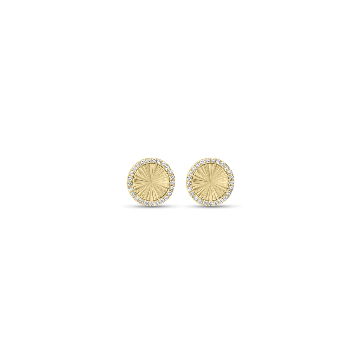 Diamond & Ridged Gold Button Stud Earrings - 14K gold weighing 1.86 grams  - 50 round diamonds weighing 0.13 carats