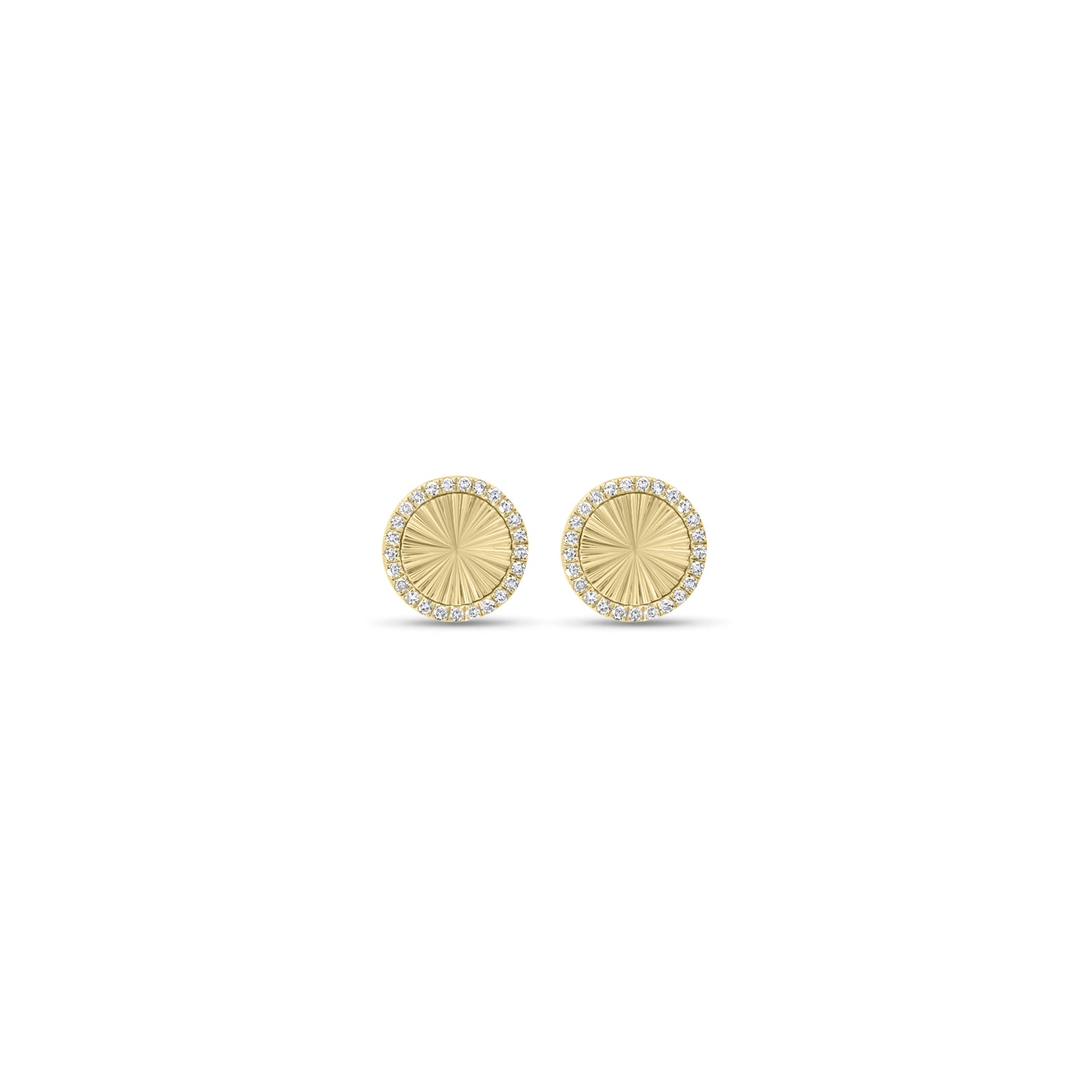 Diamond & Ridged Gold Button Stud Earrings - 14K gold weighing 1.86 grams  - 50 round diamonds weighing 0.13 carats