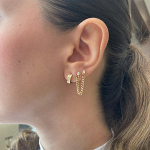 Female Model Wearing Pear-Shaped Diamond Double Piercing Chain Earring - 14K gold weighing 1.81 grams - 2 pear-shaped diamonds weighing 0.20 carats