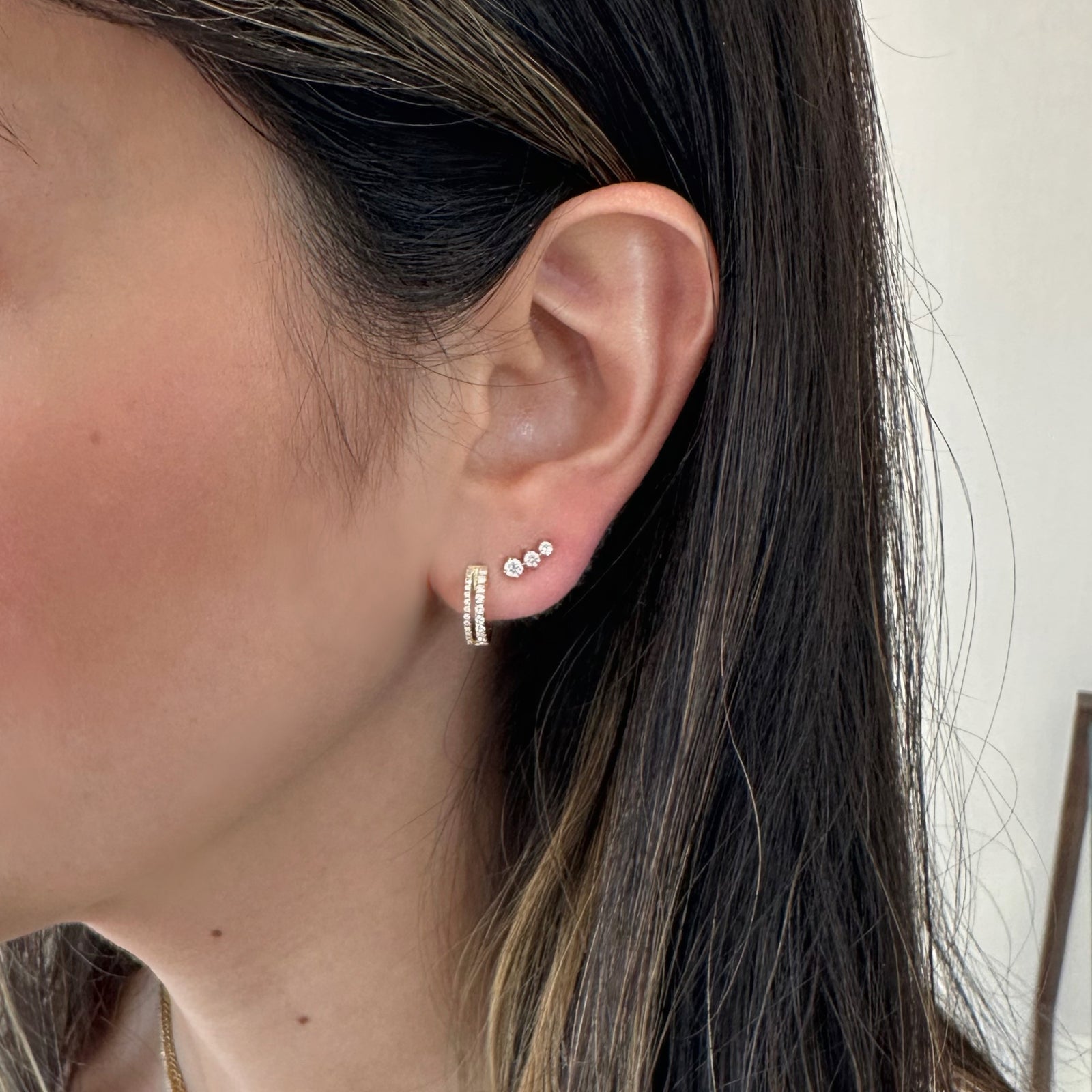 Diamond Double Row Huggie Earrings - 14K gold weighing 2.50 grams total   - 48 round diamonds weighing 0.26 carats