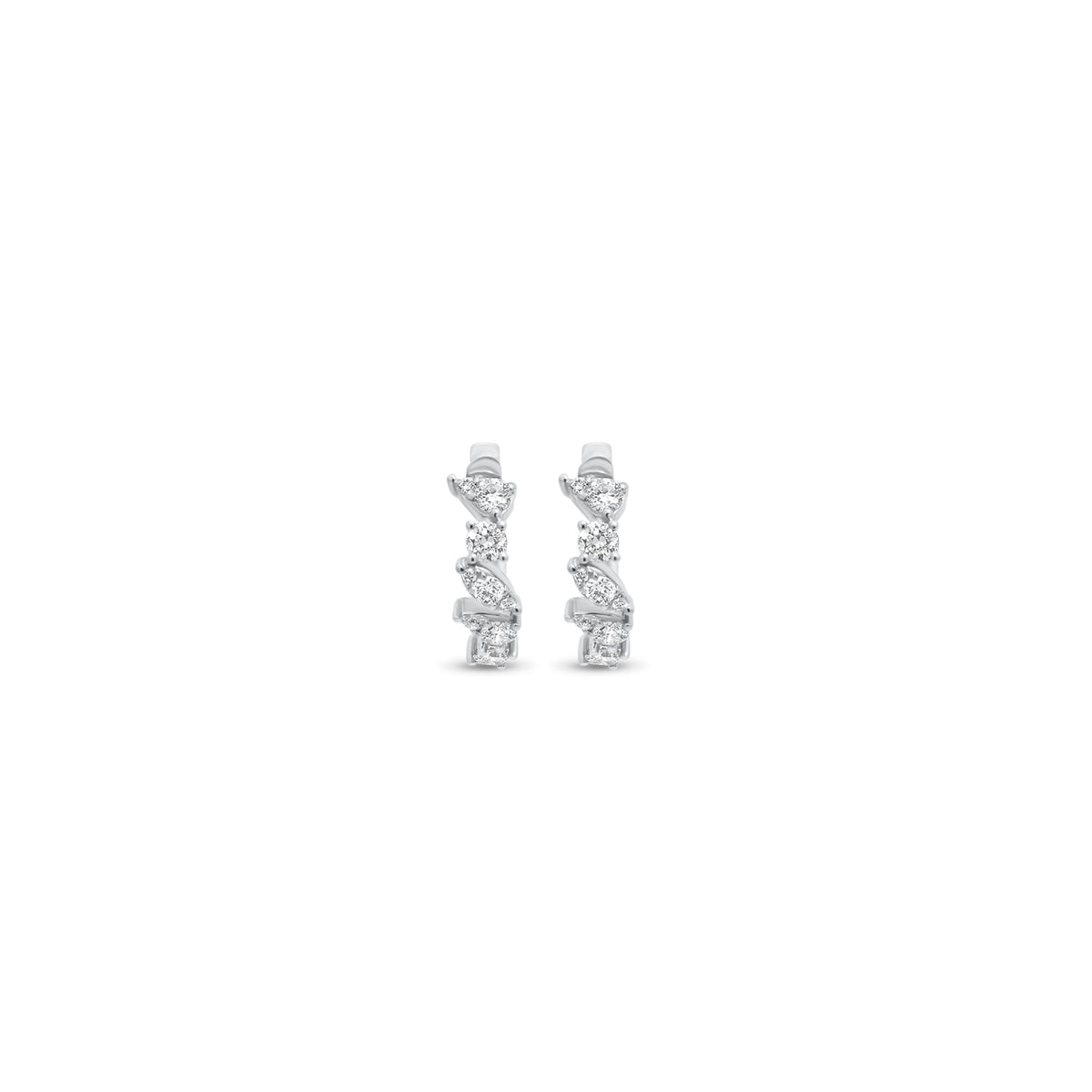 Round Diamond Mixed Shapes Huggie Earrings - 14K gold weighing 2.33 grams - 16 round diamonds weighing 0.39 carats - 2 pear-shaped diamonds weighing 0.10 carats