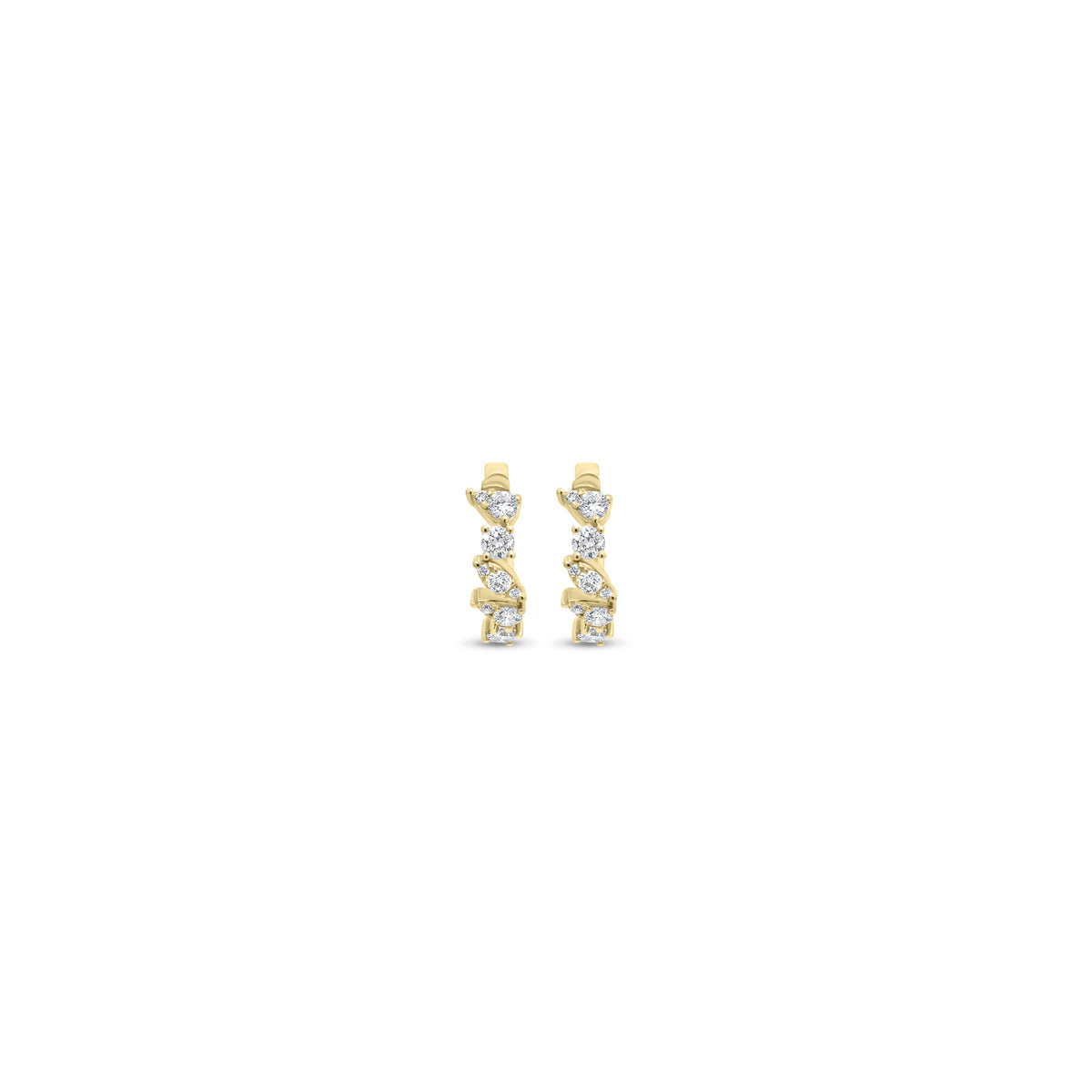 Round Diamond Mixed Shapes Huggie Earrings - 14K gold weighing 2.33 grams  - 16 round diamonds weighing 0.39 carats  - 2 pear-shaped diamonds weighing 0.10 carats