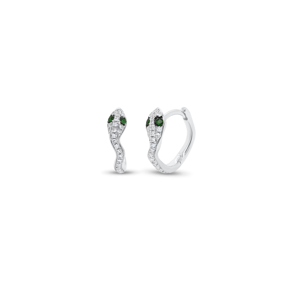 Emerald & Diamond Snake Huggie Earrings - 14K gold weighing 1.46 grams - 42 round diamonds weighing 0.13 carats - 4 emeralds weighing 0.40 carats