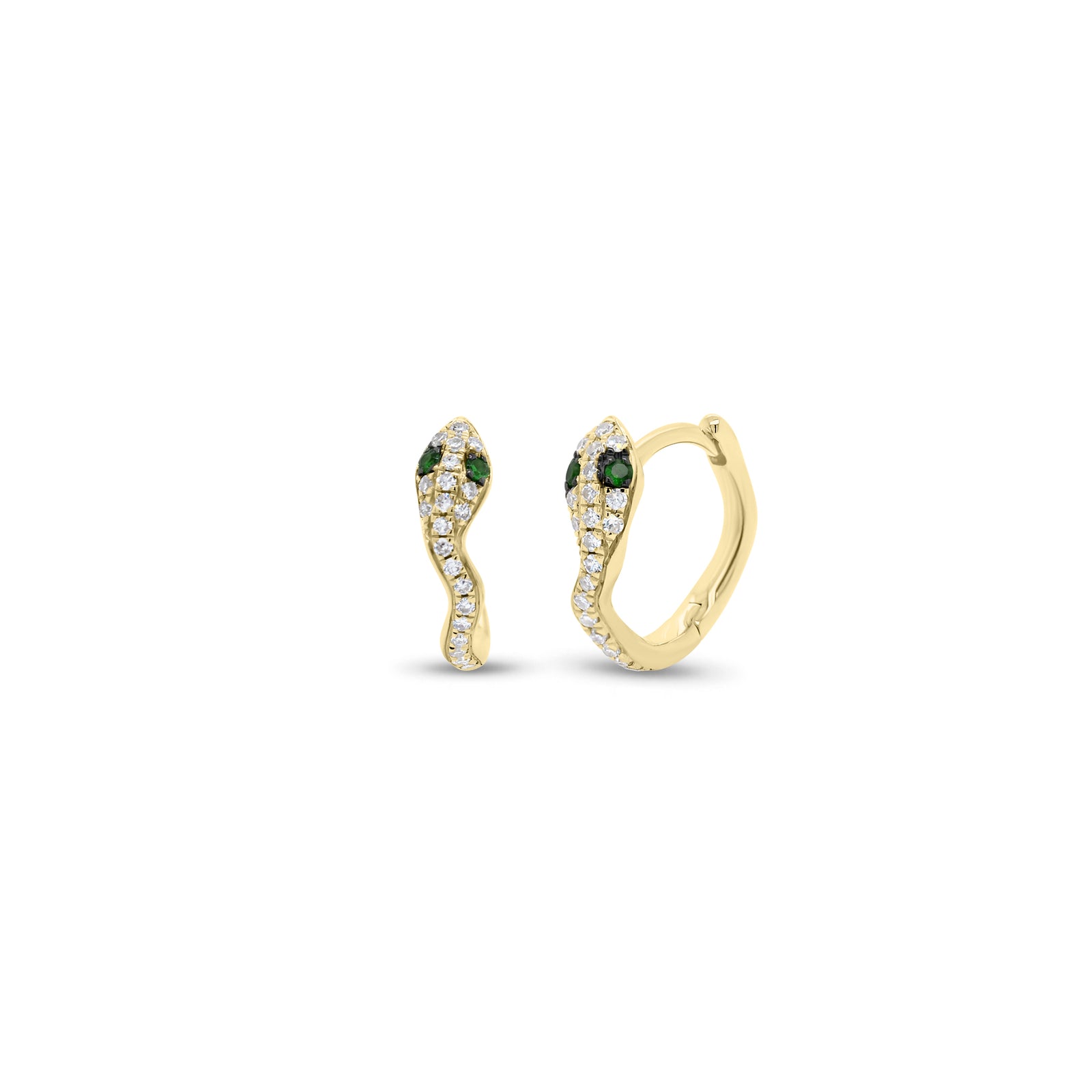 Emerald & Diamond Snake Huggie Earrings - 14K gold weighing 1.46 grams  - 42 round diamonds weighing 0.13 carats  - 4 emeralds weighing 0.40 carats