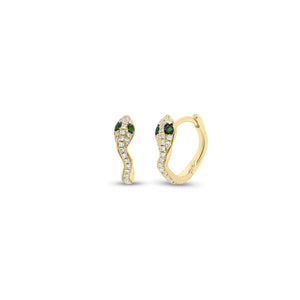 Emerald & Diamond Snake Huggie Earrings - 14K gold weighing 1.46 grams  - 42 round diamonds weighing 0.13 carats  - 4 emeralds weighing 0.40 carats