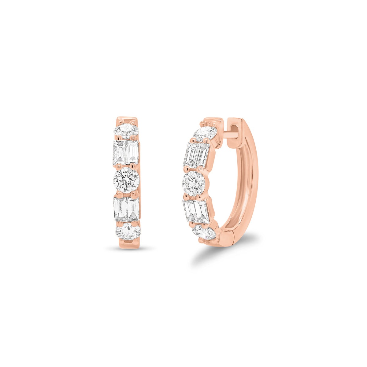 Mixed Shape Diamond Huggie Earrings - 18K gold weighing 4.07 grams - 6 round diamonds weighing 0.64 carats - 8 diamond baguettes weighing 0.32 carats