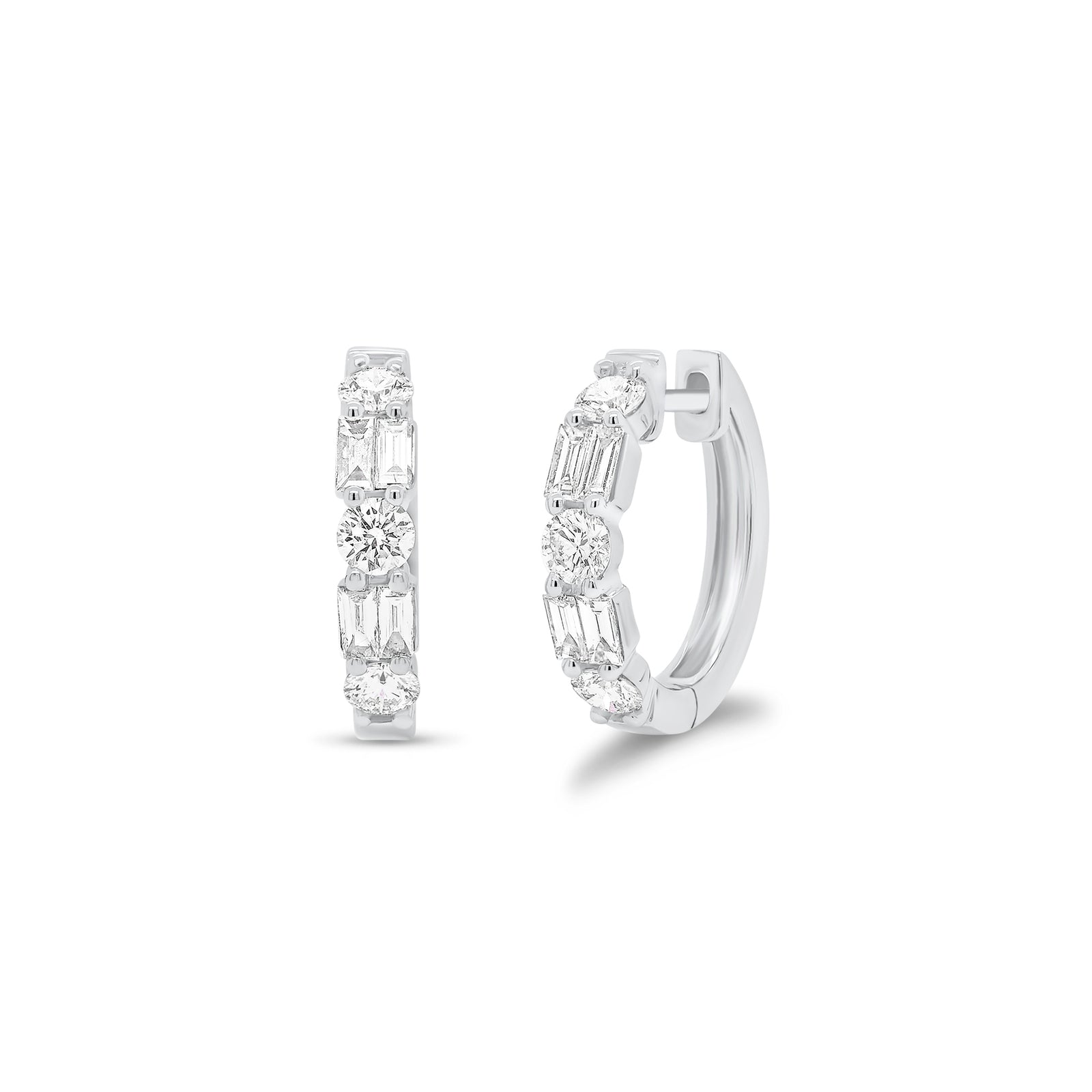 Mixed Shape Diamond Huggie Earrings - 18K gold weighing 4.07 grams  - 6 round diamonds weighing 0.64 carats  - 8 diamond baguettes weighing 0.32 carats