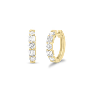Mixed Shape Diamond Huggie Earrings - 18K gold weighing 4.07 grams - 6 round diamonds weighing 0.64 carats - 8 diamond baguettes weighing 0.32 carats