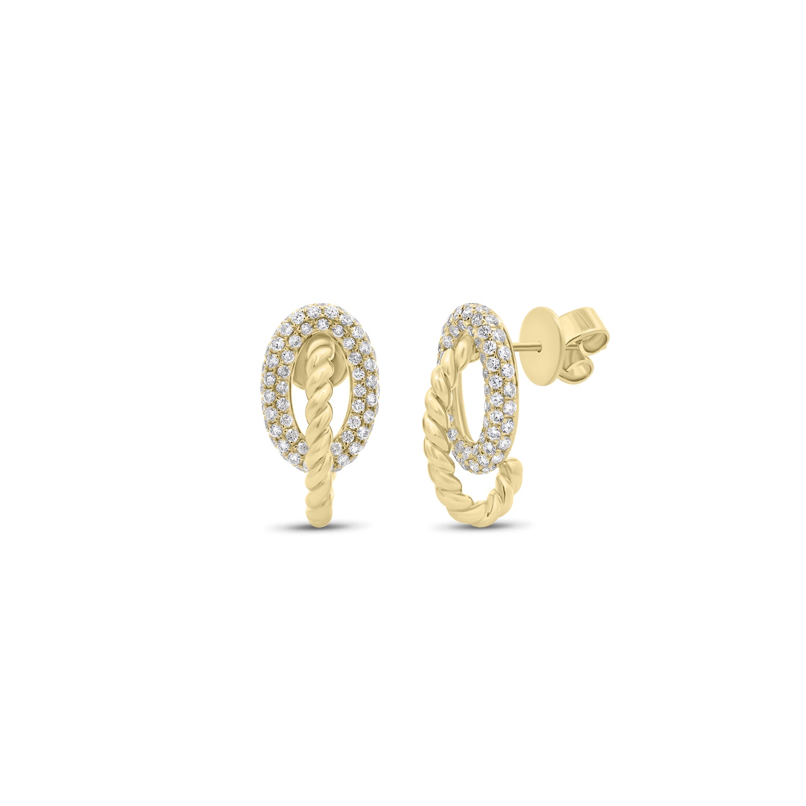 Diamond Oval & Gold Rope Stud Earrings - 18K gold weighing 5.12 grams - 136 round diamonds weighing 0.92 carats