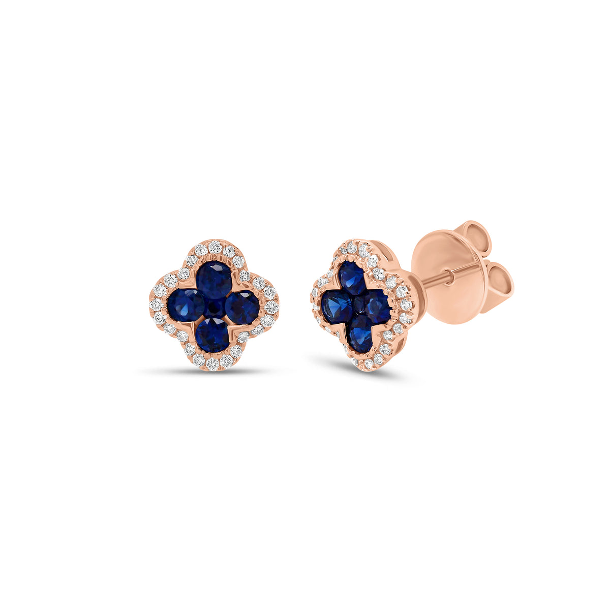 Sapphire & Diamond Clover Stud Earring - 18K gold weighing 2.41 grams - 48 round diamonds weighing 0.13 carats - 8 sapphires weighing 0.54 carats - 2 sapphires weighing 0.06 carats