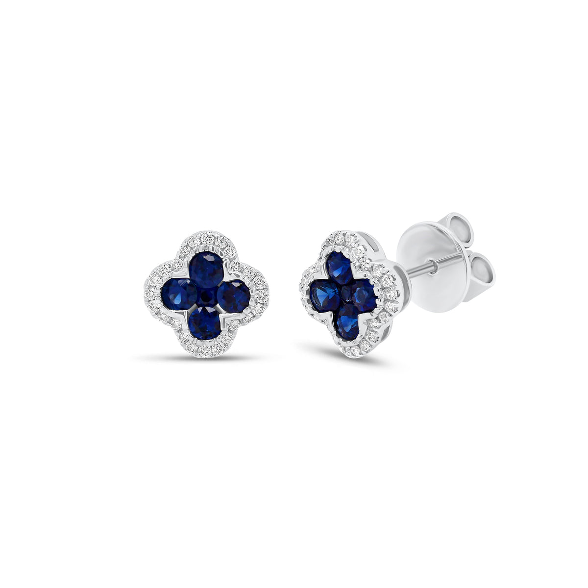 Sapphire & Diamond Clover Stud Earring - 18K gold weighing 2.41 grams  - 48 round diamonds weighing 0.13 carats  - 8 sapphires weighing 0.54 carats  - 2 sapphires weighing 0.06 carats