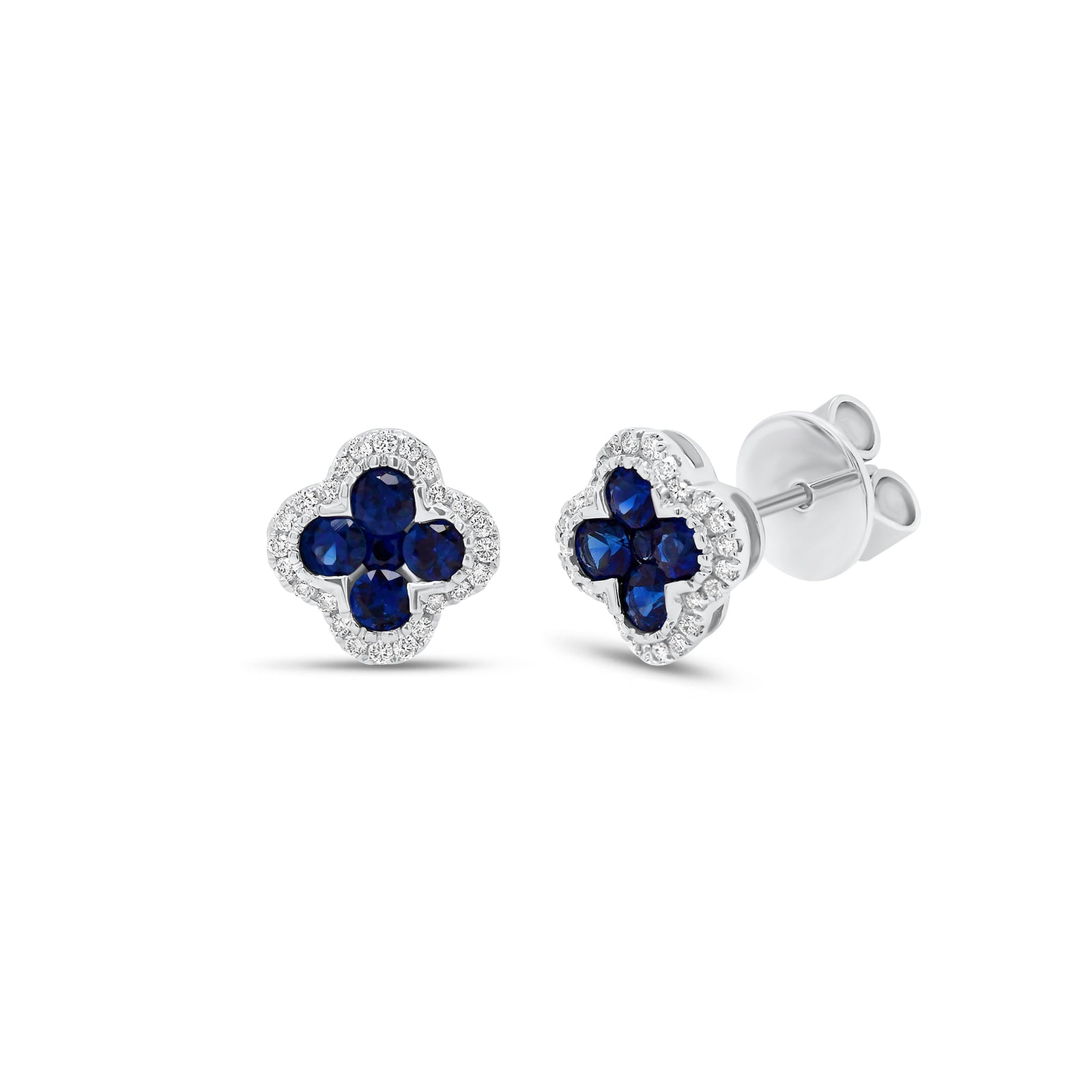 Sapphire & Diamond Clover Stud Earring - 18K gold weighing 2.41 grams  - 48 round diamonds weighing 0.13 carats  - 8 sapphires weighing 0.54 carats  - 2 sapphires weighing 0.06 carats