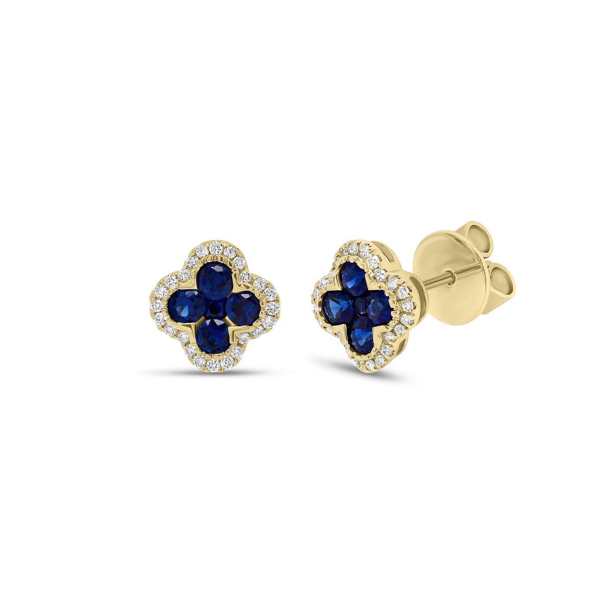 Sapphire & Diamond Clover Stud Earring - 18K gold weighing 2.41 grams - 48 round diamonds weighing 0.13 carats - 8 sapphires weighing 0.54 carats - 2 sapphires weighing 0.06 carats