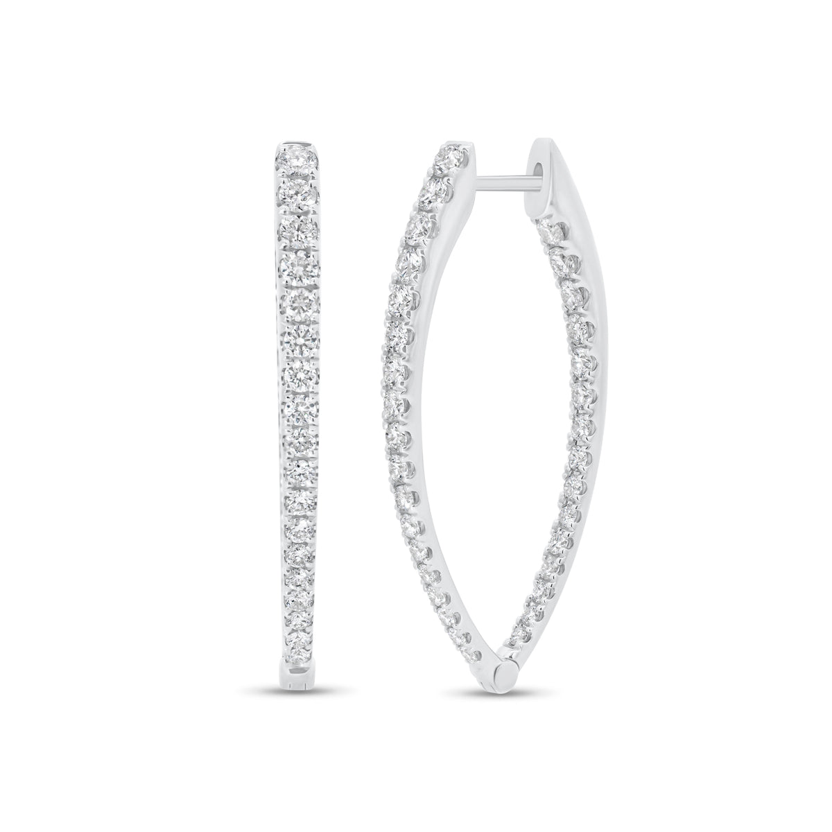 Diamond interior and exterior tappered hoop - 14K gold weighing 5.23 grams
- 66 round diamonds weighing 1.42 carats