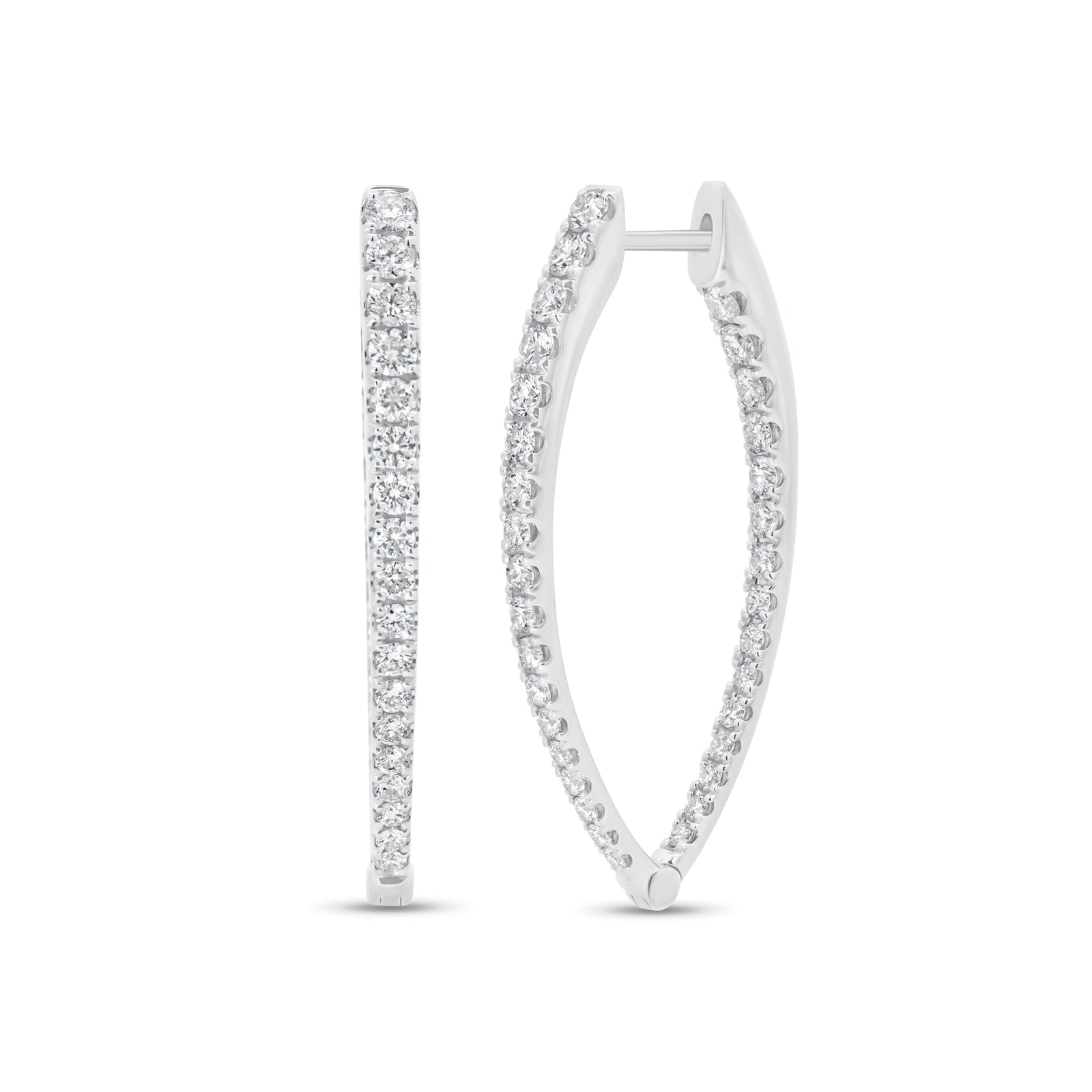 Diamond interior and exterior tappered hoop - 14K gold weighing 5.23 grams
- 66 round diamonds weighing 1.42 carats
