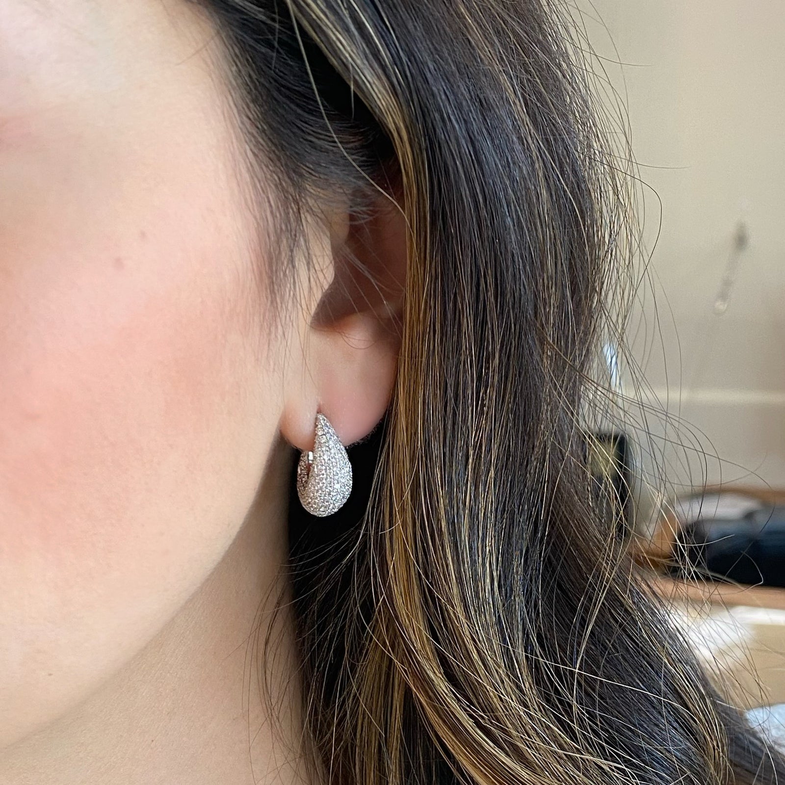 Pave Diamond Teardrop Huggie Earrings - 18K gold weighing 5.70 grams - 372 round diamonds weighing 2.76 carats