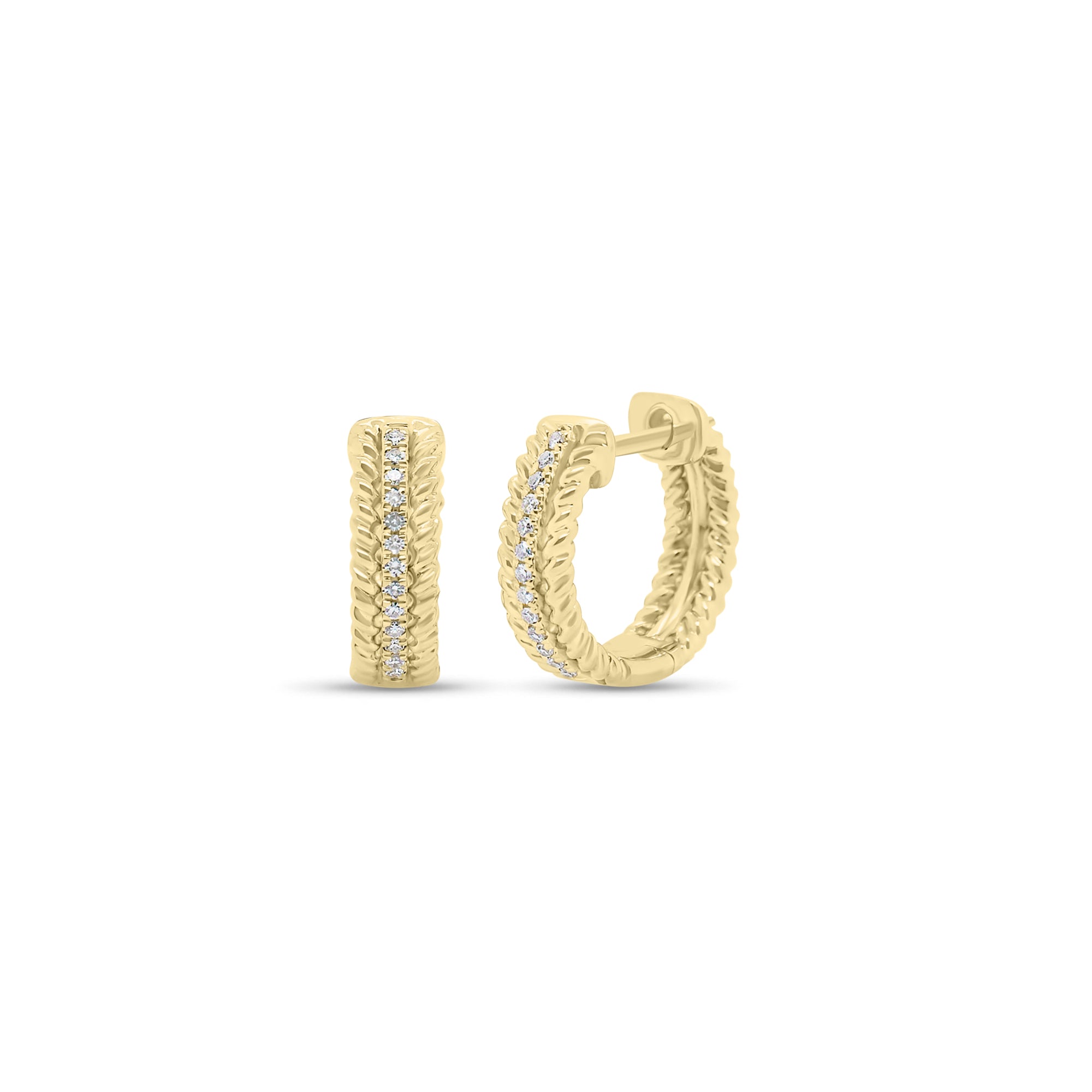 Diamond & Braided Gold Huggie Earrings - 14K gold weighing 3.20 grams  - 26 round diamonds weighing 0.07 carats