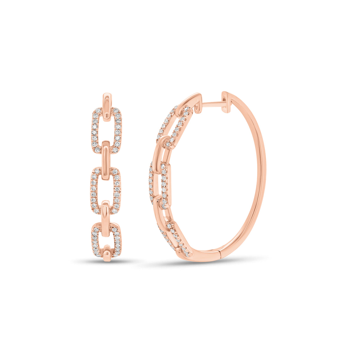 Diamond Oval Link Hoop Earrings - 14K gold weighing 5.80 grams - 96 round diamonds weighing 0.32 carats