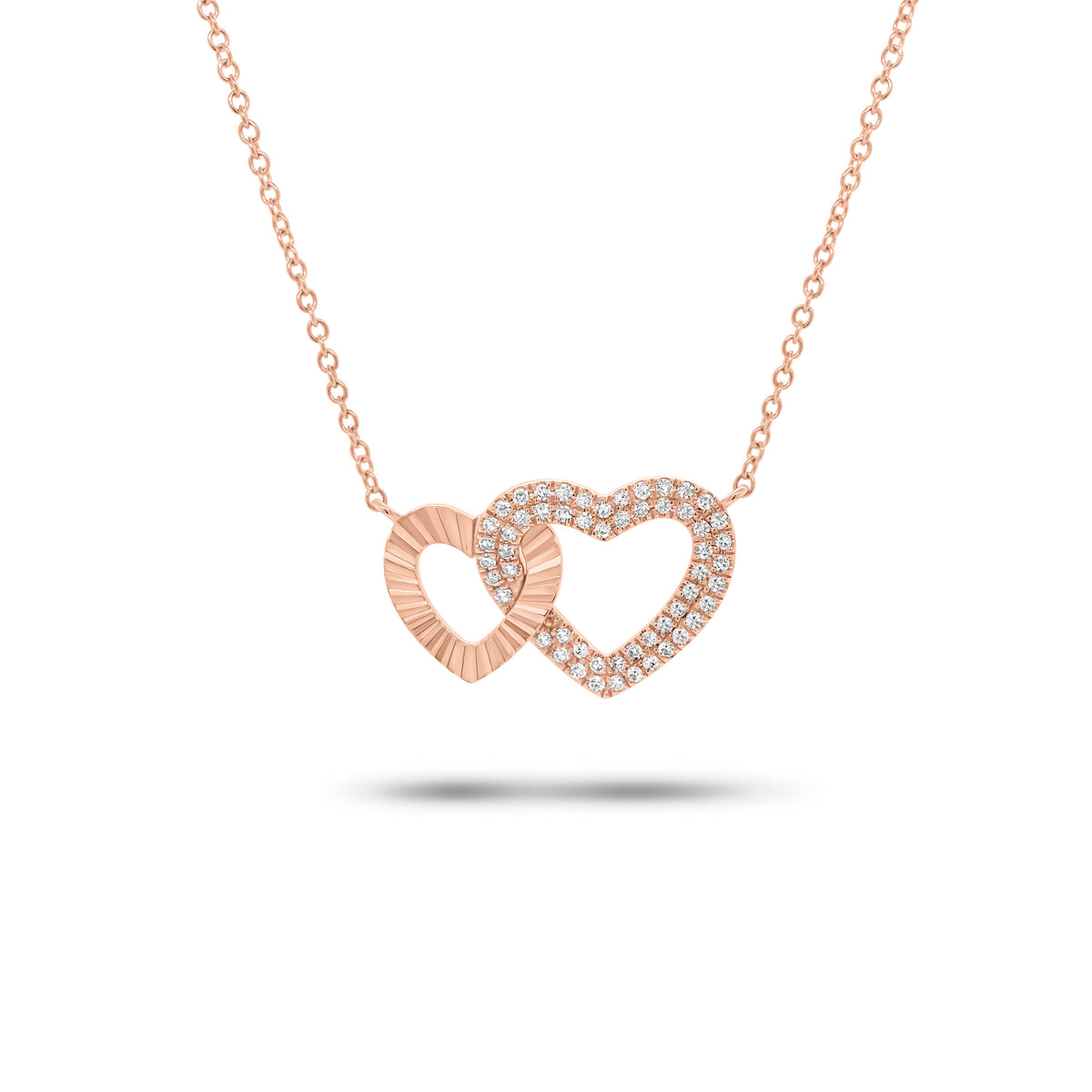 Diamond & Pleated Gold Interlocking Hearts Pendant Necklace - 14K gold weighing 2.66 grams - 55 round diamonds weighing 0.14 carats