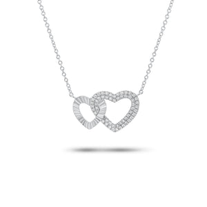 Diamond & Pleated Gold Interlocking Hearts Pendant Necklace - 14K gold weighing 2.66 grams - 55 round diamonds weighing 0.14 carats