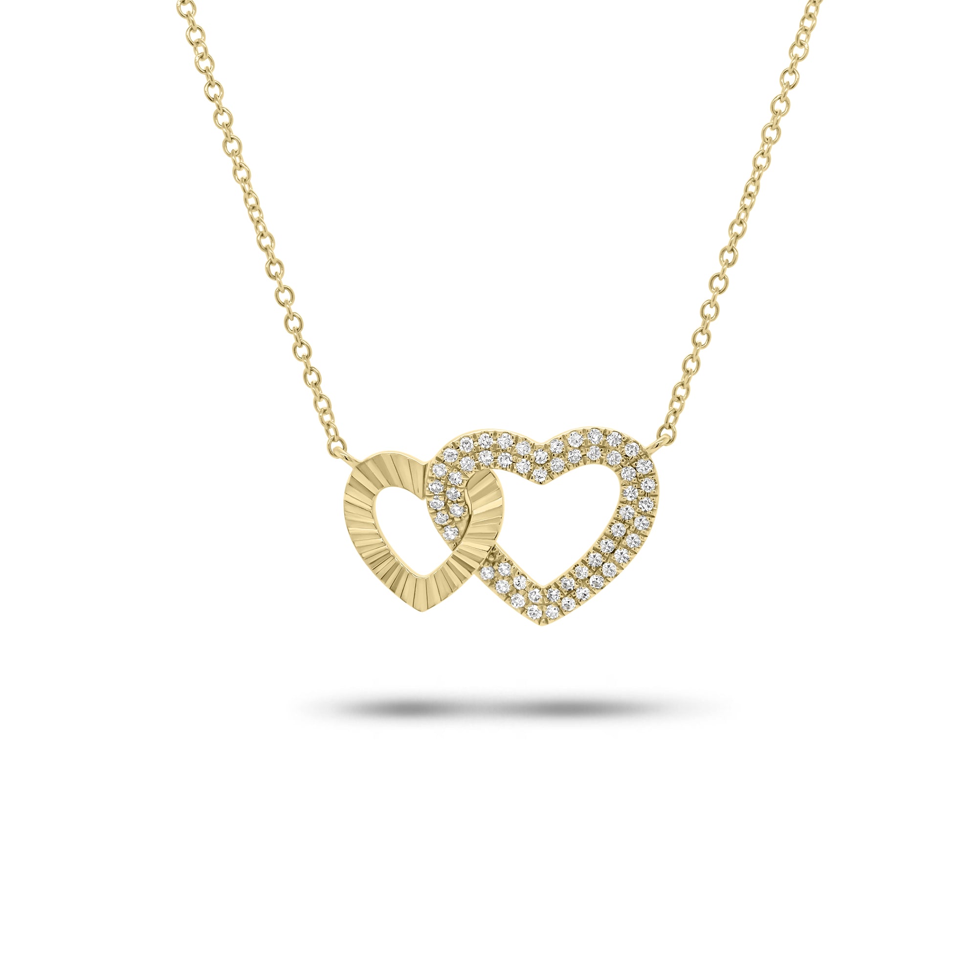 Diamond & Pleated Gold Interlocking Hearts Pendant Necklace - 14K gold weighing 2.66 grams  - 55 round diamonds weighing 0.14 carats