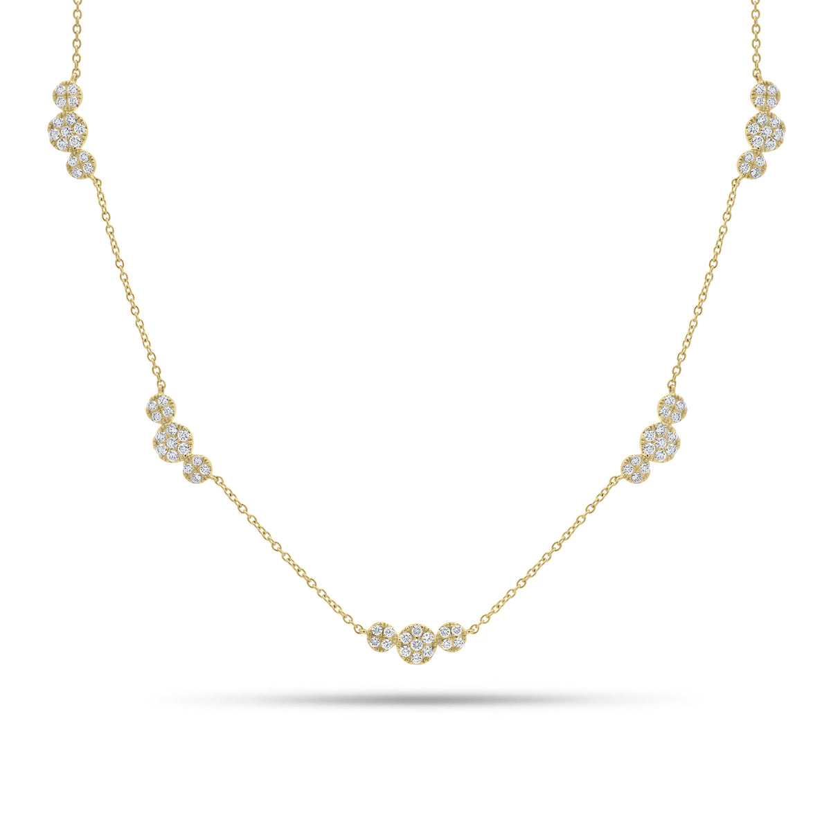 Diamond Disc Trios Necklace - 18K gold weighing 6.88 grams - 75 round diamonds weighing 1.36 carats