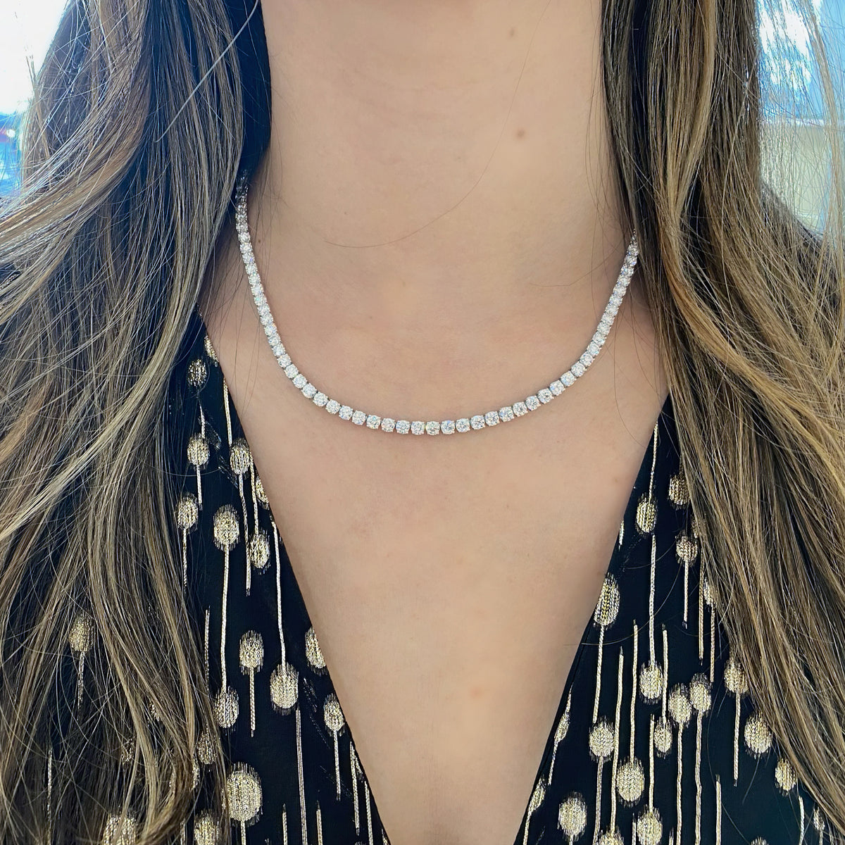 Female Model Wearing 20.68 ct Diamond Tennis Necklace - 18K gold weighing 22.46 grams - 110 round diamonds weighing 20.68 carats