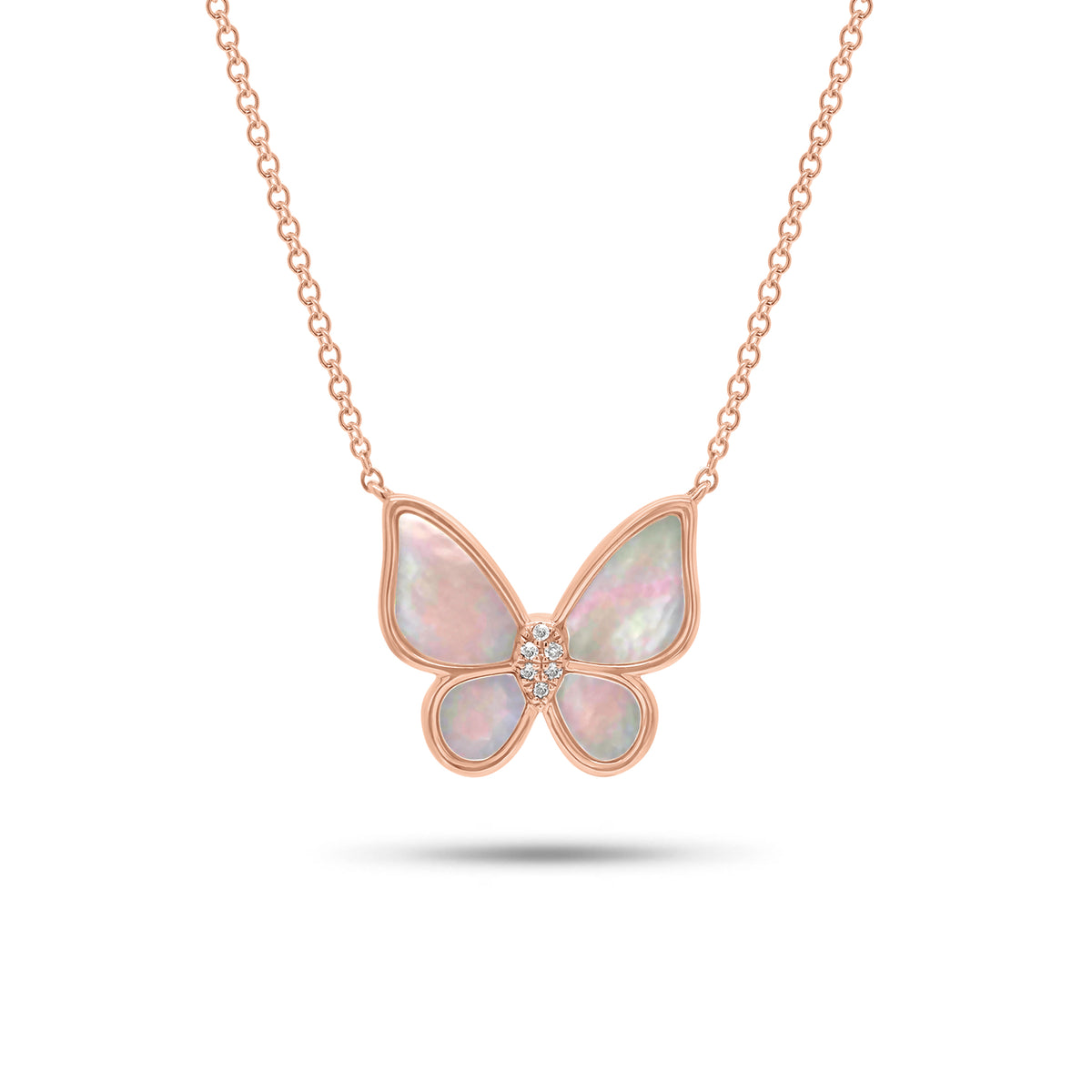 Mother of Pearl & Diamond Butterfly Pendant Necklace - 14K gold weighing 2.75 grams - 6 round diamonds weighing 0.02 carats