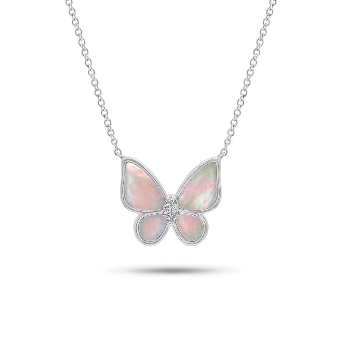 Mother of Pearl & Diamond Butterfly Pendant Necklace - 14K gold weighing 2.75 grams - 6 round diamonds weighing 0.02 carats