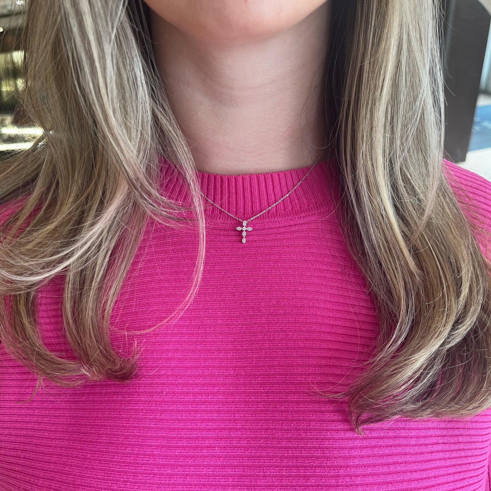 Marquise Diamond Cross Pendant Necklace with Milgrain Detail - 18K gold weighing 0.57 grams (pendant) - 14K gold weighing 1.60 grams (necklace) - 5 marquise-shaped diamonds weighing 0.18 carats - 0.02 ct round diamond