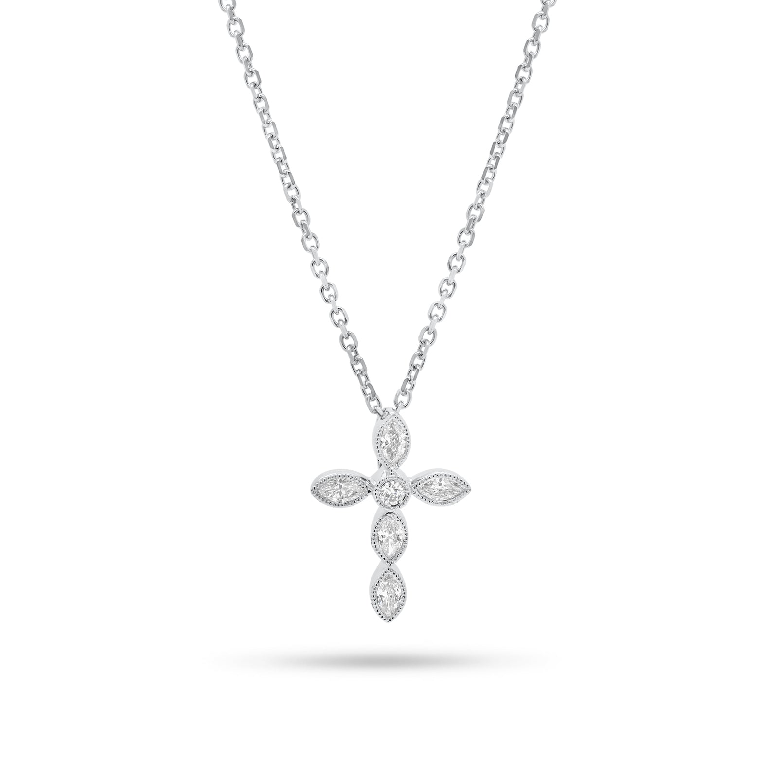 Marquise Diamond Cross Pendant Necklace with Milgrain Detail - 18K gold weighing 0.57 grams (pendant) - 14K gold weighing 1.60 grams (necklace) - 5 marquise-shaped diamonds weighing 0.18 carats - 0.02 ct round diamond