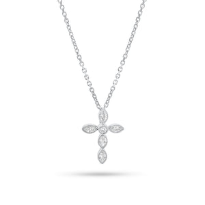 Marquise Diamond Cross Pendant Necklace with Milgrain Detail - 18K gold weighing 0.57 grams (pendant) - 14K gold weighing 1.60 grams (necklace) - 5 marquise-shaped diamonds weighing 0.18 carats - 0.02 ct round diamond