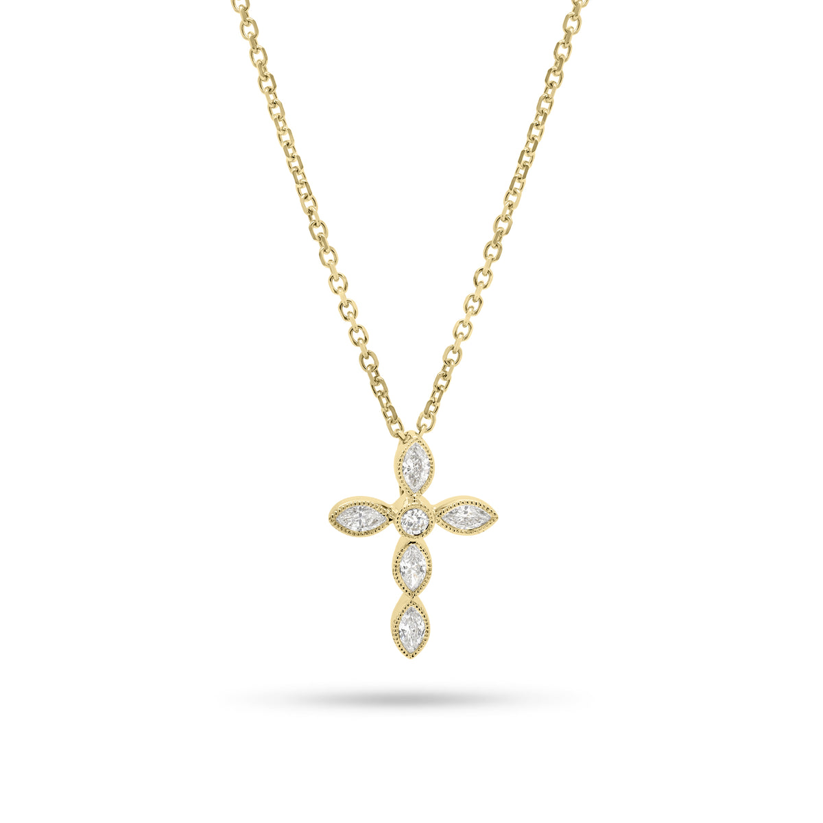 Marquise Diamond Cross Pendant Necklace with Milgrain Detail - 18K gold weighing 0.57 grams (pendant) - 14K gold weighing 1.60 grams (necklace) - 5 marquise-shaped diamonds weighing 0.18 carats - 0.02 ct round diamond