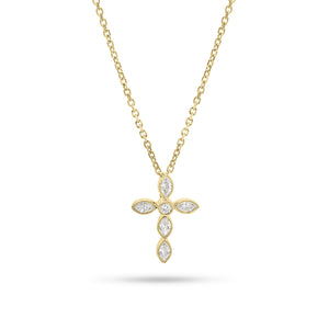 Marquise Diamond Cross Pendant Necklace with Milgrain Detail - 18K gold weighing 0.57 grams (pendant) - 14K gold weighing 1.60 grams (necklace) - 5 marquise-shaped diamonds weighing 0.18 carats - 0.02 ct round diamond