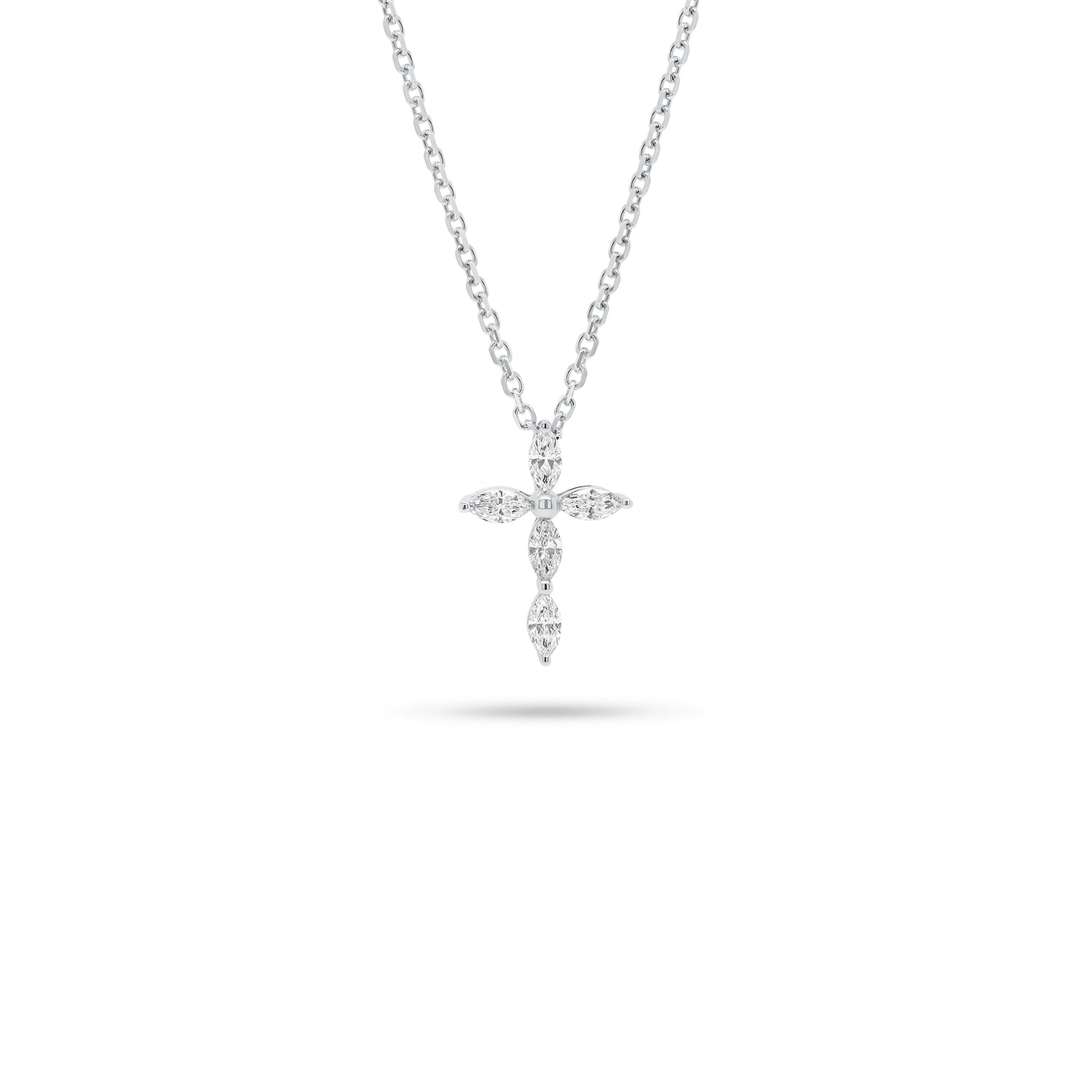 Marquise Diamond Cross Pendant Necklace - 18K gold weighing 0.33 grams (pendant)  - 14K gold weighing 1.60 grams (necklace)  - 5 marquise-shaped diamonds weighing 0.18 carats
