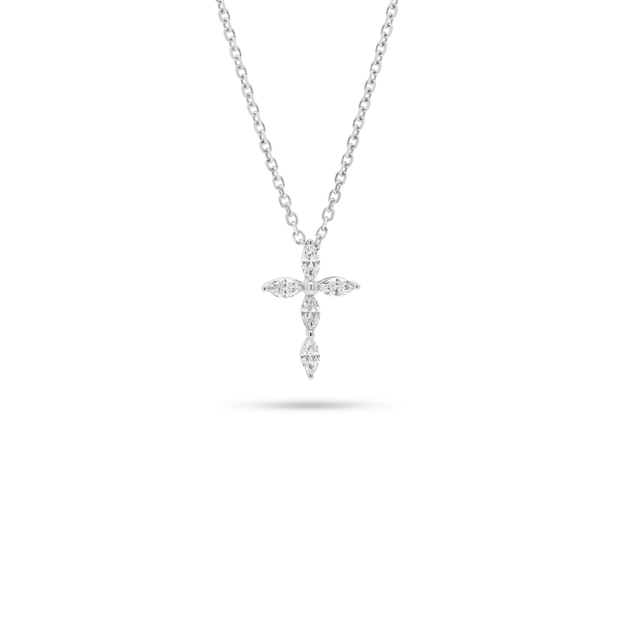 Marquise Diamond Cross Pendant Necklace - 18K gold weighing 0.33 grams (pendant)  - 14K gold weighing 1.60 grams (necklace)  - 5 marquise-shaped diamonds weighing 0.18 carats