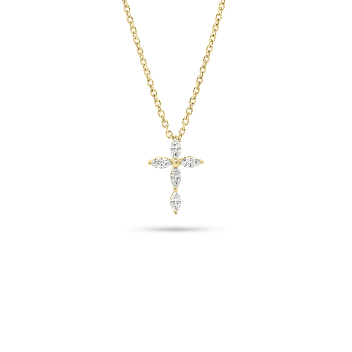 Marquise Diamond Cross Pendant Necklace - 18K gold weighing 0.33 grams (pendant) - 14K gold weighing 1.60 grams (necklace) - 5 marquise-shaped diamonds weighing 0.18 carats