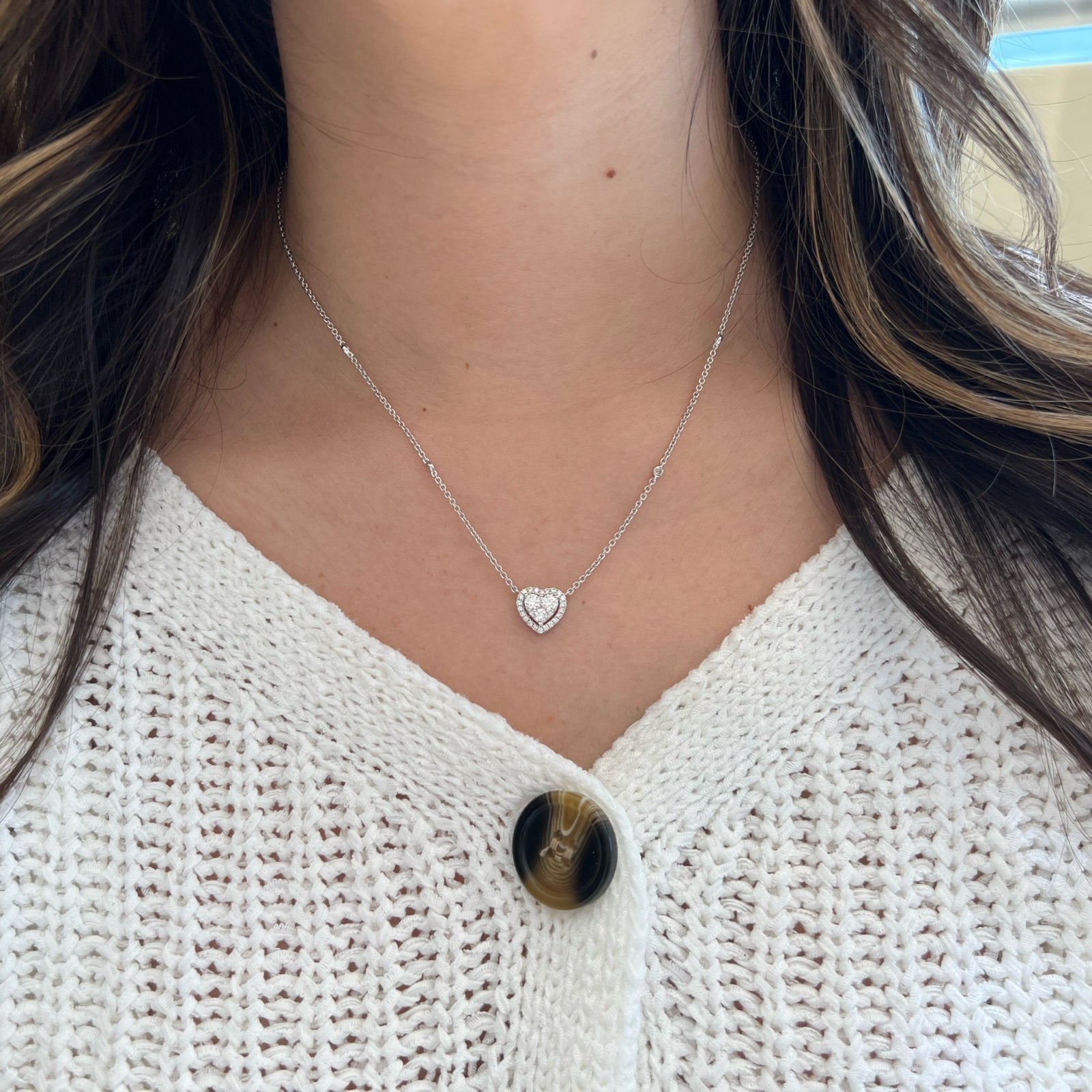 Diamond Heart Pendant on Cable Chain Necklace with Diamonds - 18K gold weighing 4.81 grams  - 29 round diamonds weighing 0.27 carats  - 3 round diamonds weighing 0.45 carats