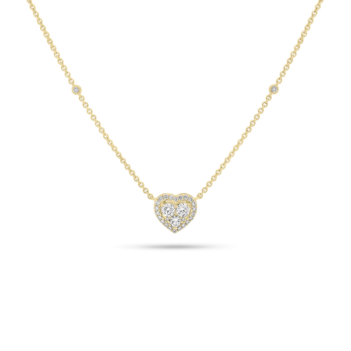 Diamond Heart Pendant on Cable Chain Necklace with Diamonds - 18K gold weighing 4.81 grams - 29 round diamonds weighing 0.27 carats - 3 round diamonds weighing 0.45 carats