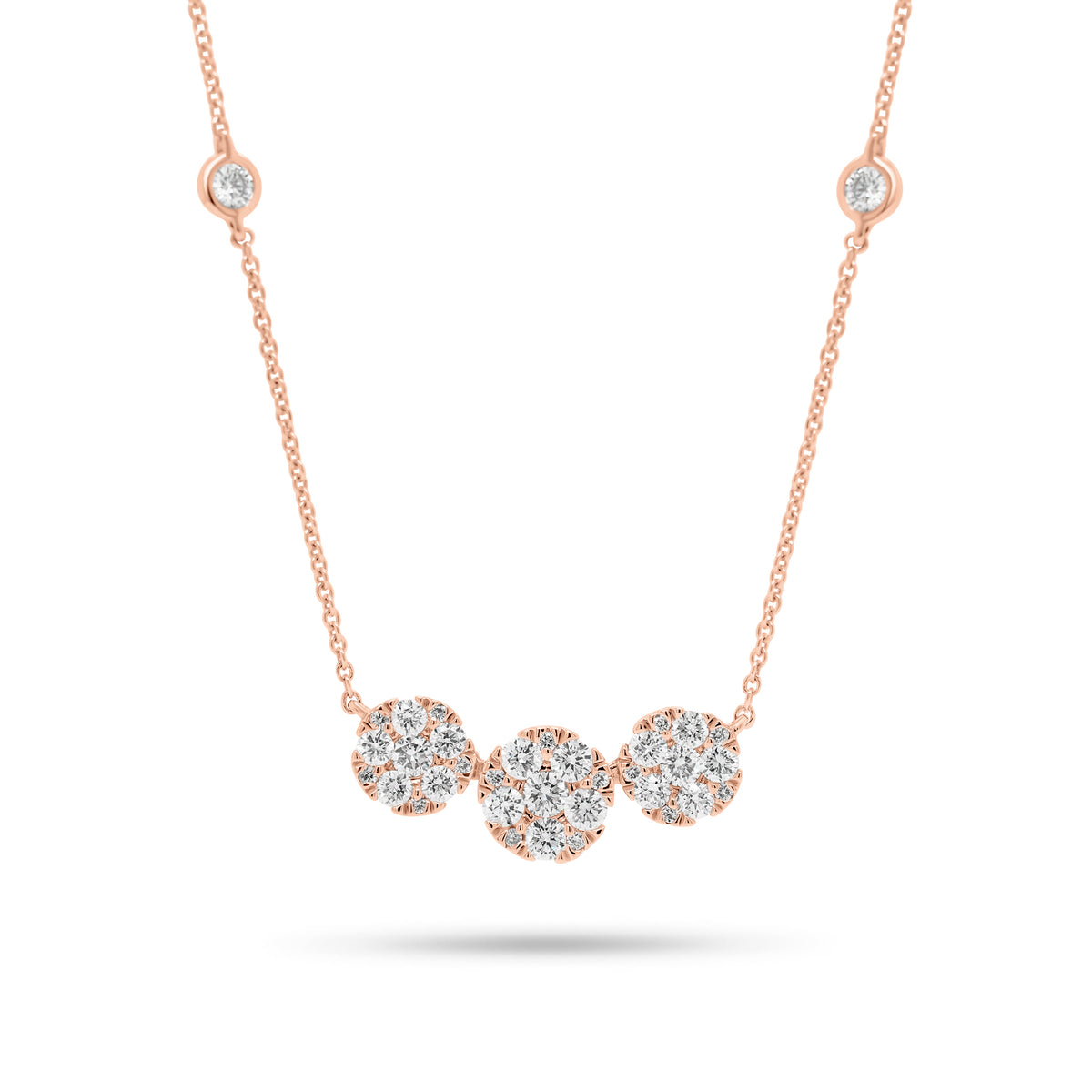 Halo Diamond Trio Necklace with Bezel-Set Diamonds - 18K gold weighing 2.88 grams - 35 round diamonds weighing 0.64 carats