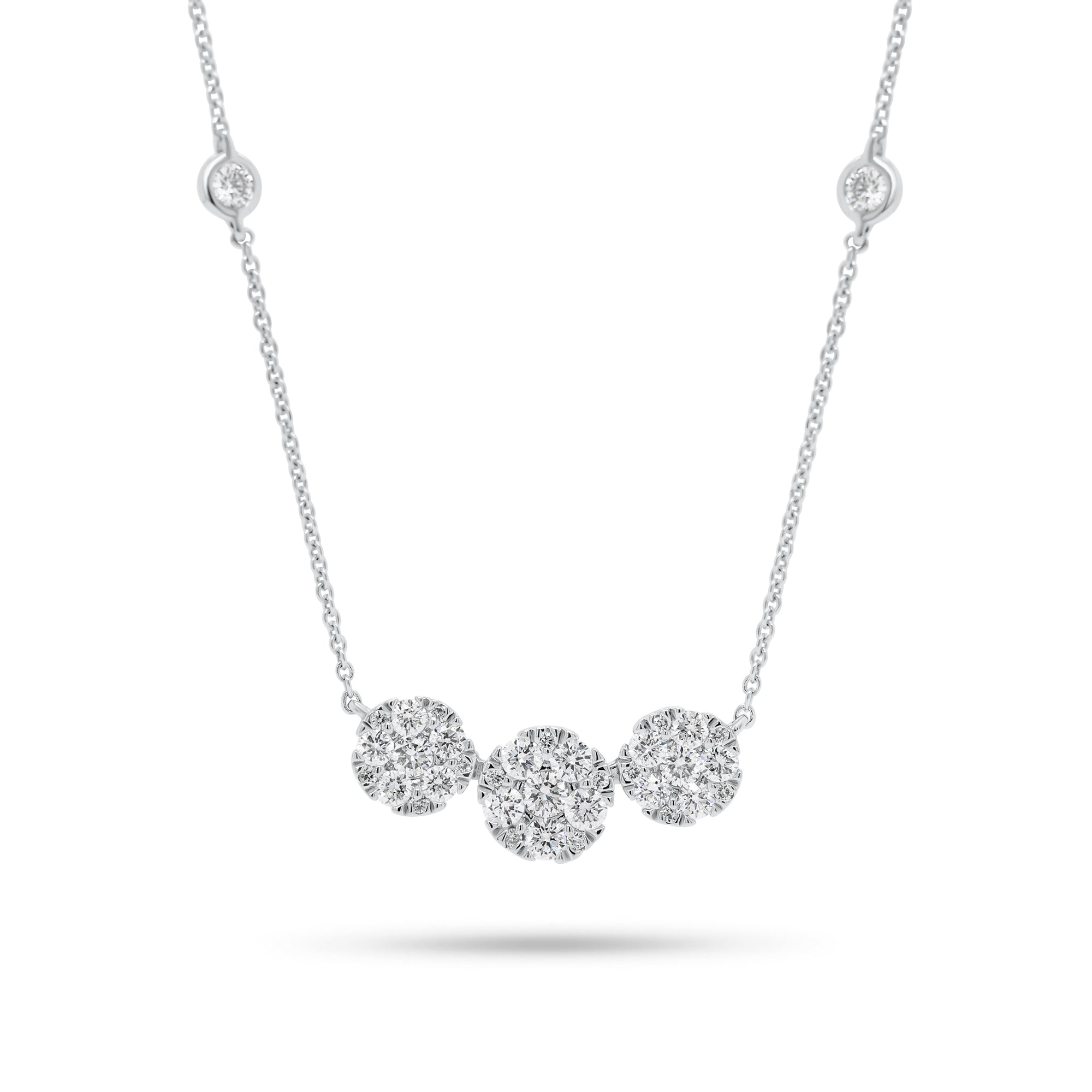 Halo Diamond Trio Necklace with Bezel-Set Diamonds - 18K gold weighing 2.88 grams  - 35 round diamonds weighing 0.64 carats